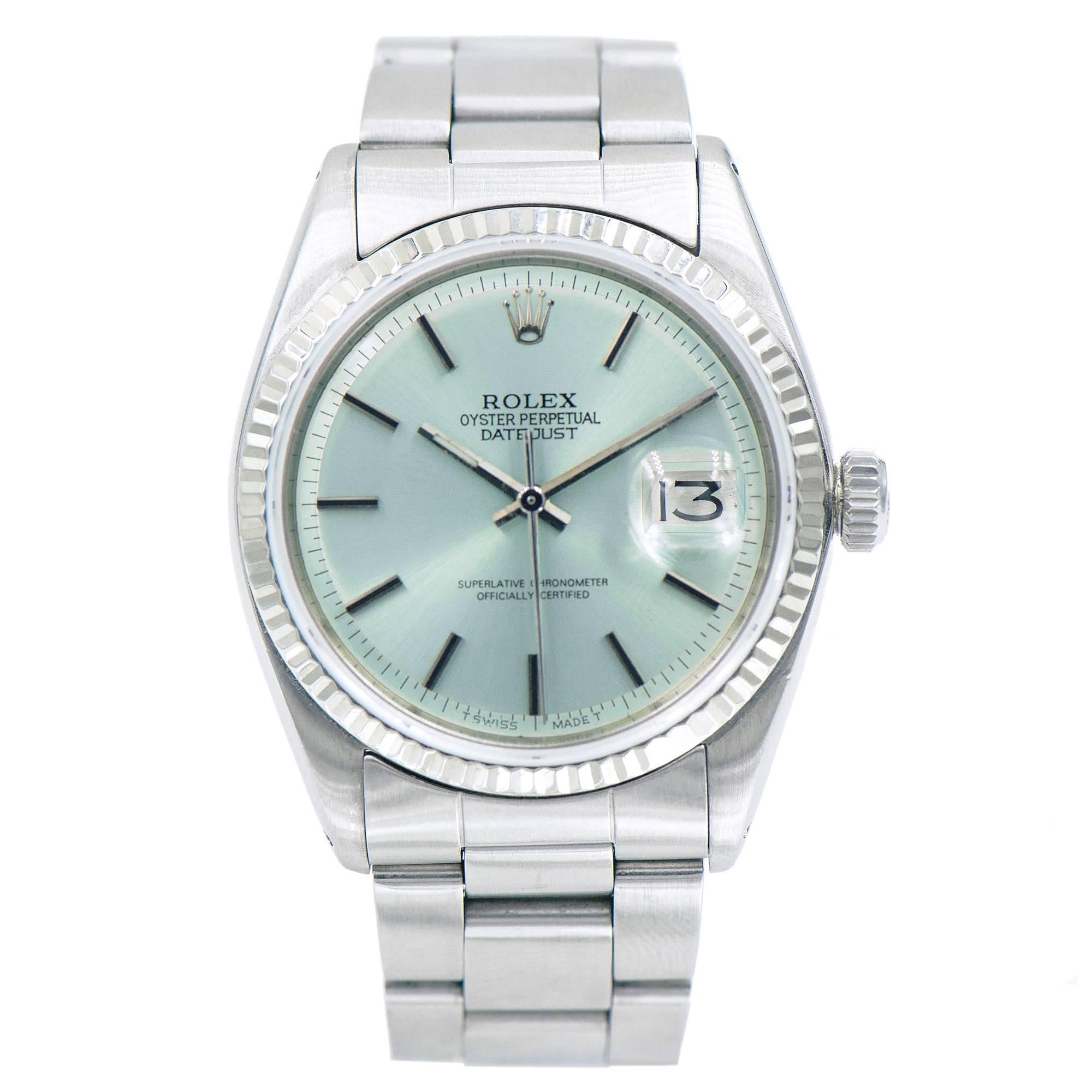 Rolex 1601 Oyster perpetual Datejust. Solid reliable movement Sapphire crystal. Blue custom colored ice blue dial.

Strap length: 6.75 inches – links may be available
Steel
105.6 grams
Length: 43mm
Width: 35mm
Band width at case: 20mm
Case