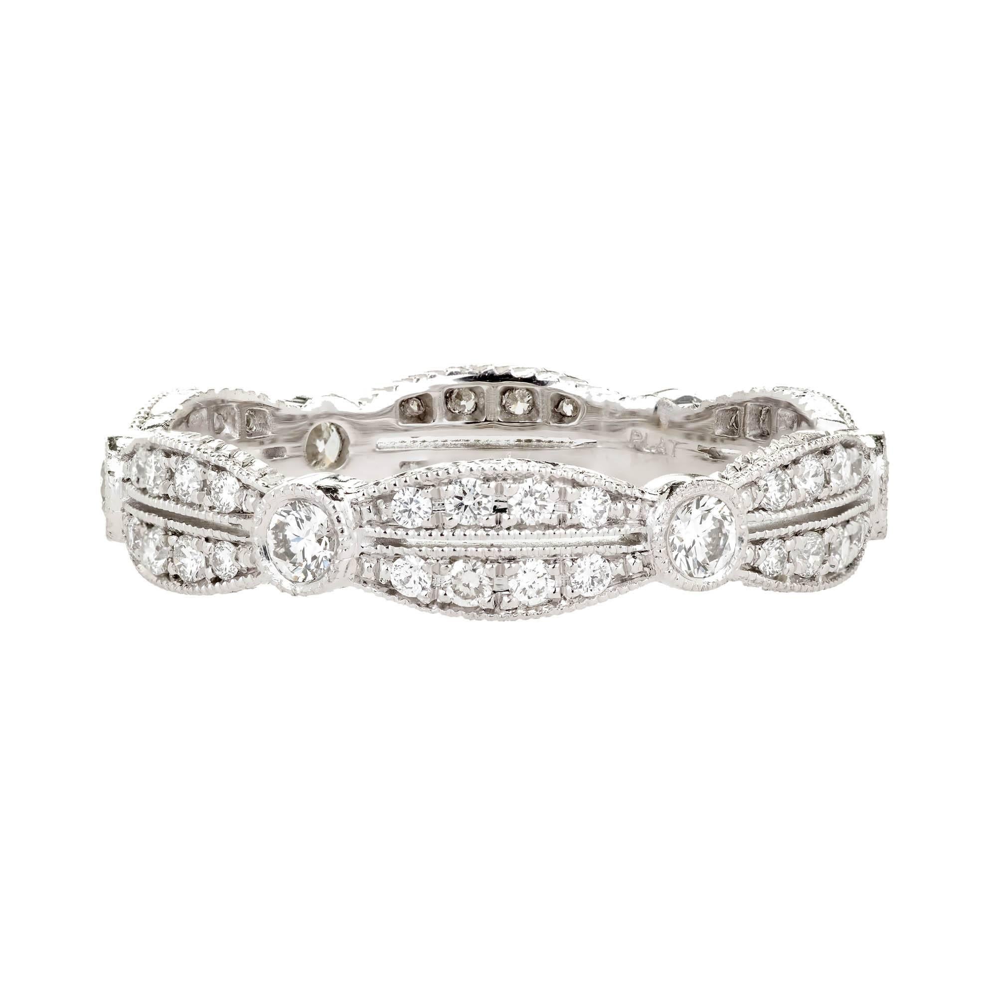 Peter Suchy antique inspired Platinum Diamond Eternity ring with Ideal cut Diamonds bead set, milgrain edges and hand engraved, all hand done techniques. This ring is not sizable but can be made in any finger size. 

6 round full cut Diamonds,