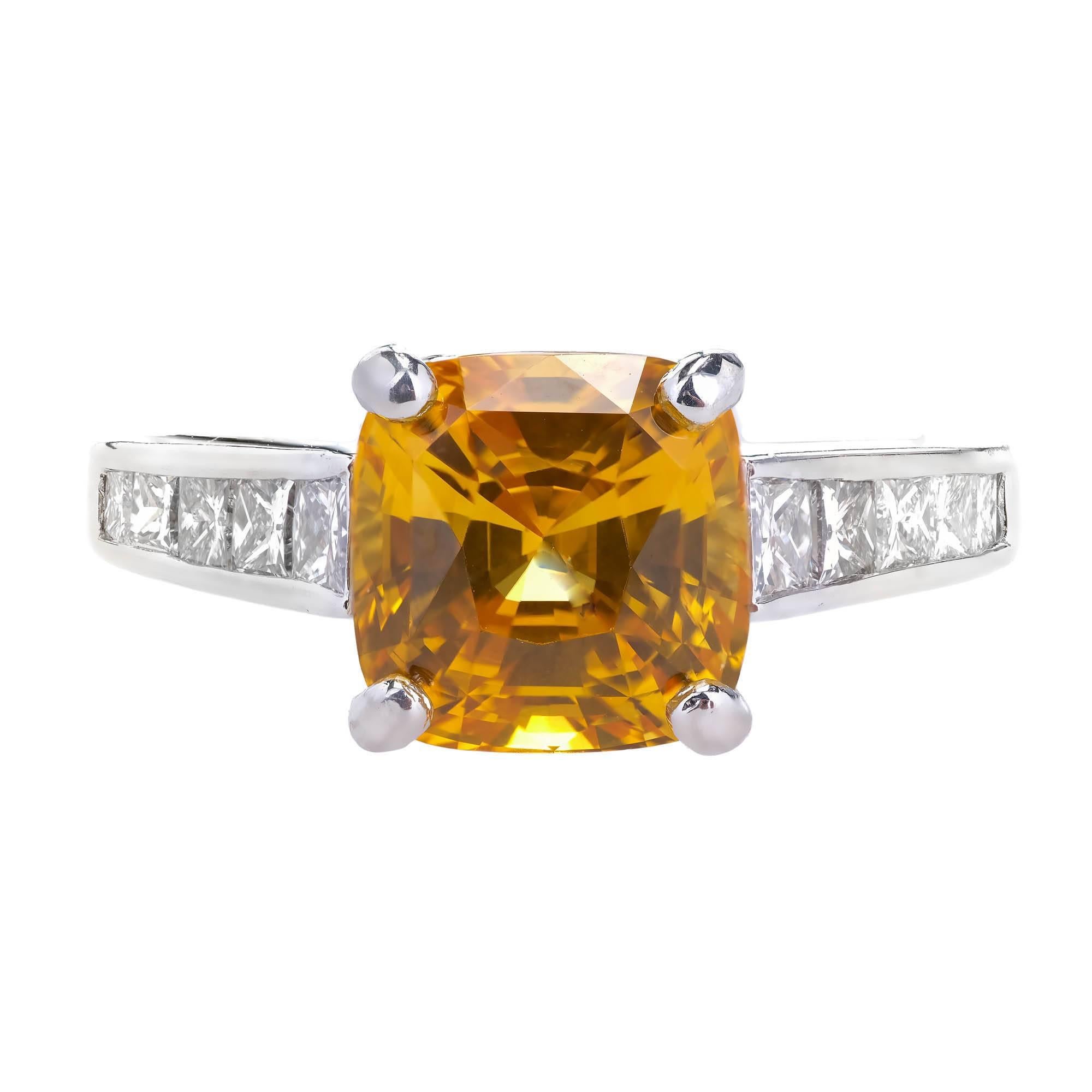 JB Star 4.41 Carat Yellow Orange Sapphire Diamond Platinum Engagement Ring For Sale