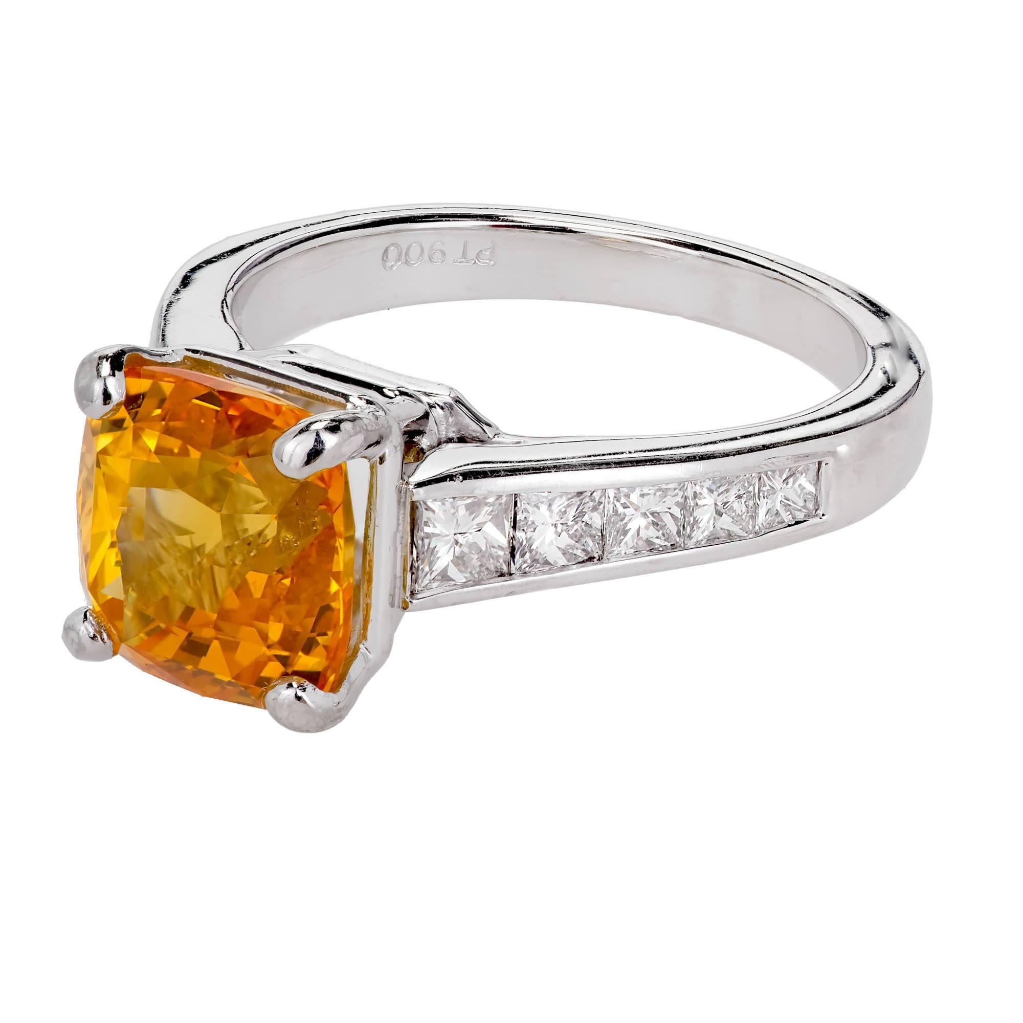 Cushion Cut JB Star 4.41 Carat Yellow Orange Sapphire Diamond Platinum Engagement Ring For Sale