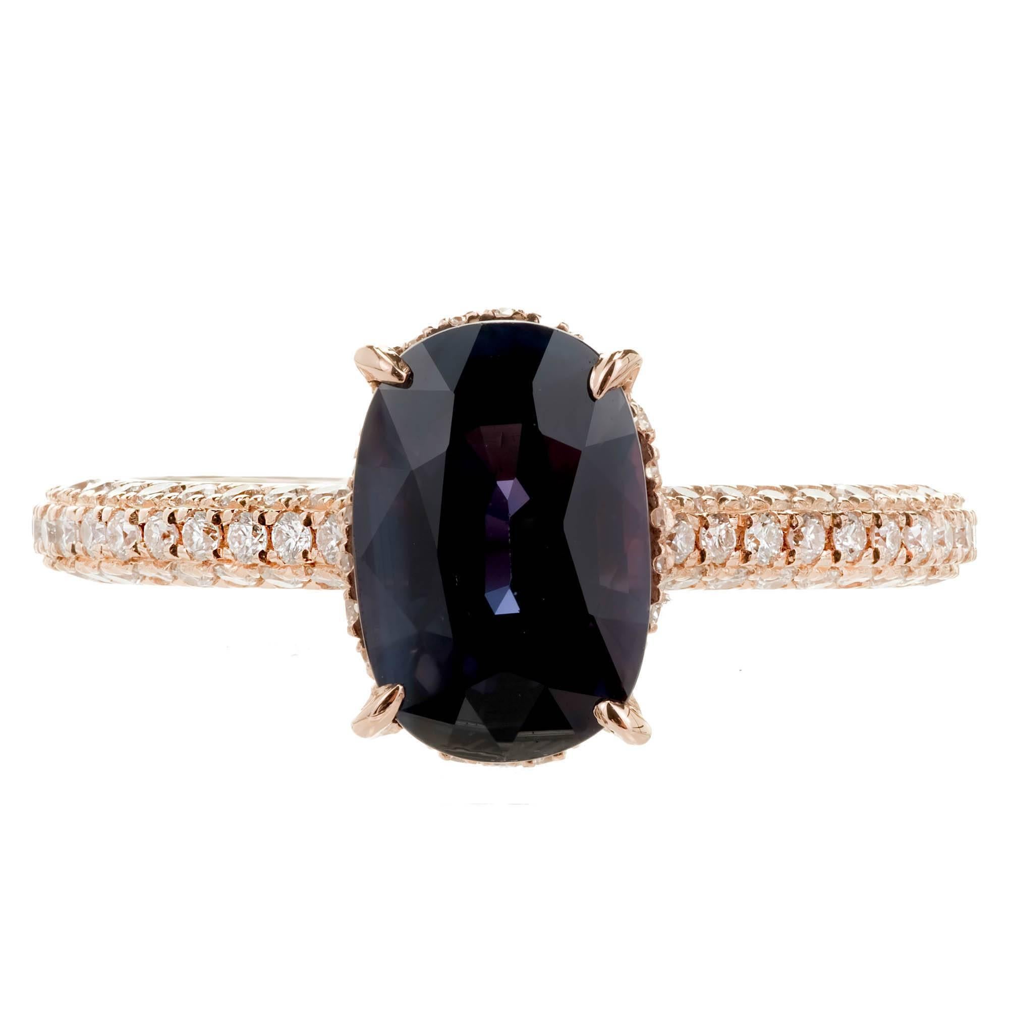 GIA certified natural color change cushion cut Sapphire diamond engagement ring in a 14k rose gold setting by designer Chateau. At the center of this ring is 
 2.08ct oval sapphire which changes from dark blue and dark purple in different lighting.