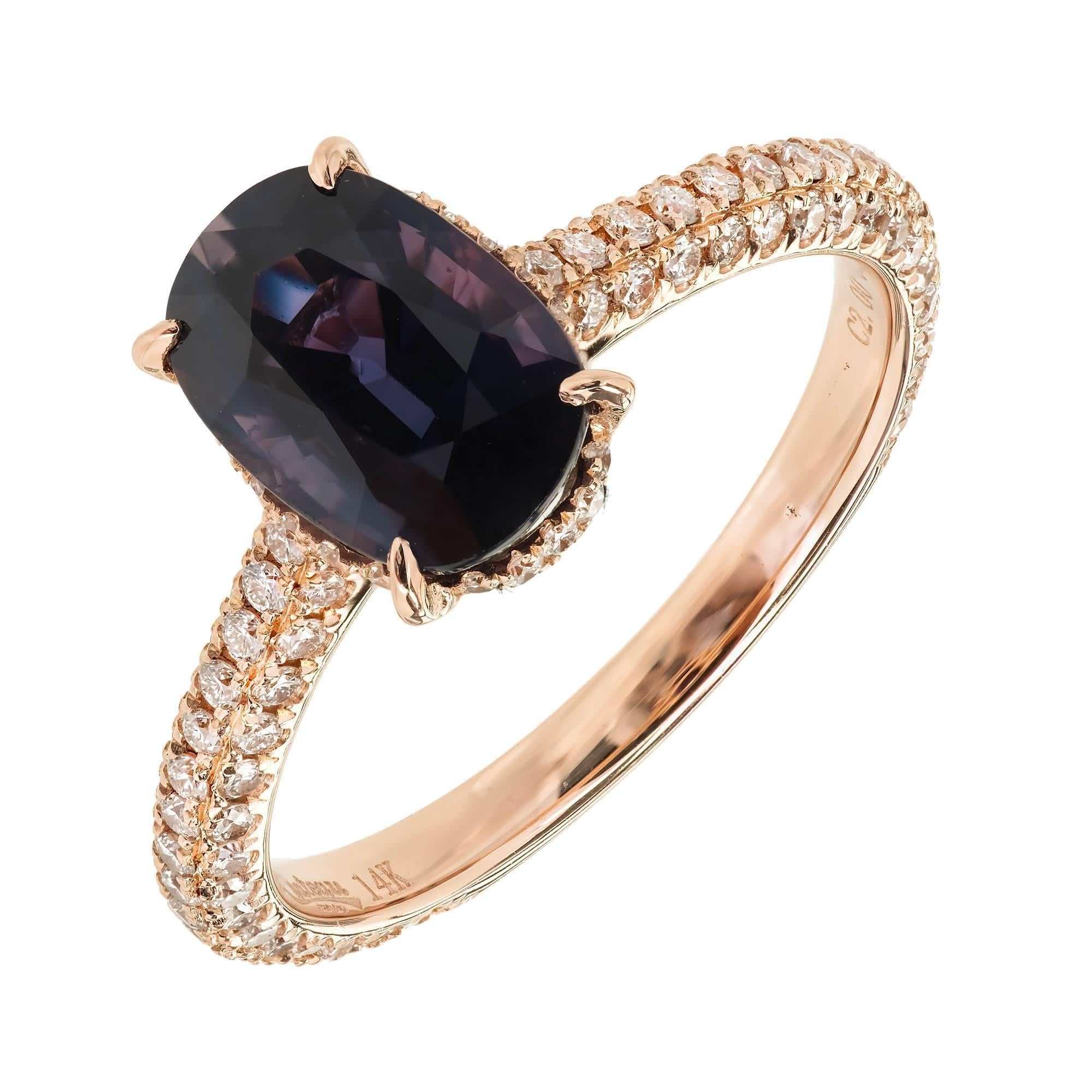 Certified natural color change cushion cut Sapphire diamond engagement ring in a 14k rose gold setting by designer Chateau. micro pavé  Ideal full cut Diamonds  Changes color from blue in daylight to purple in incandescent light.

1 cushion dark
