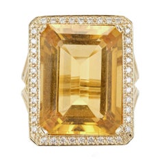 21.00 Carat Emerald Cut Citrine Diamond Halo Gold Cocktail Ring
