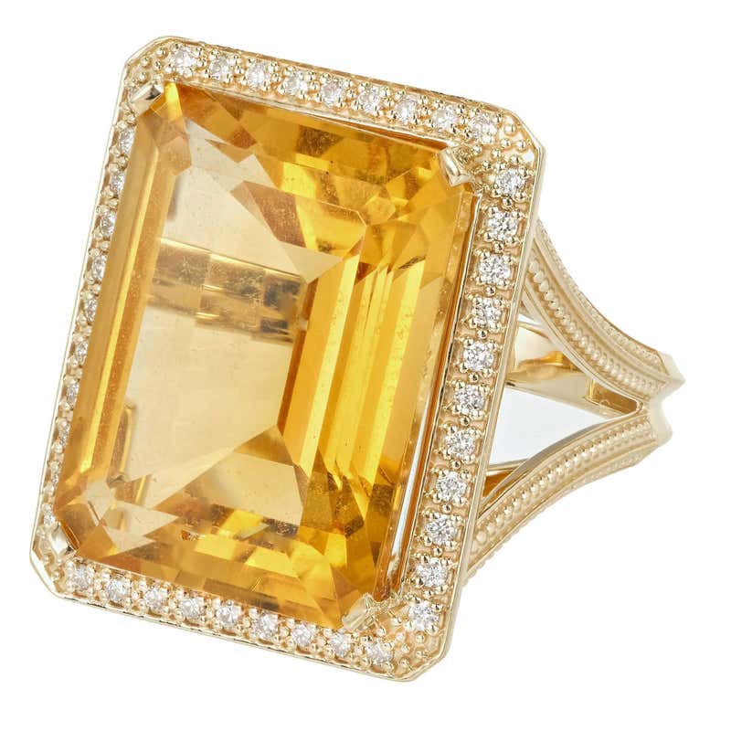 21.00 Carat Emerald Cut Citrine Diamond Halo Gold Cocktail Ring at ...