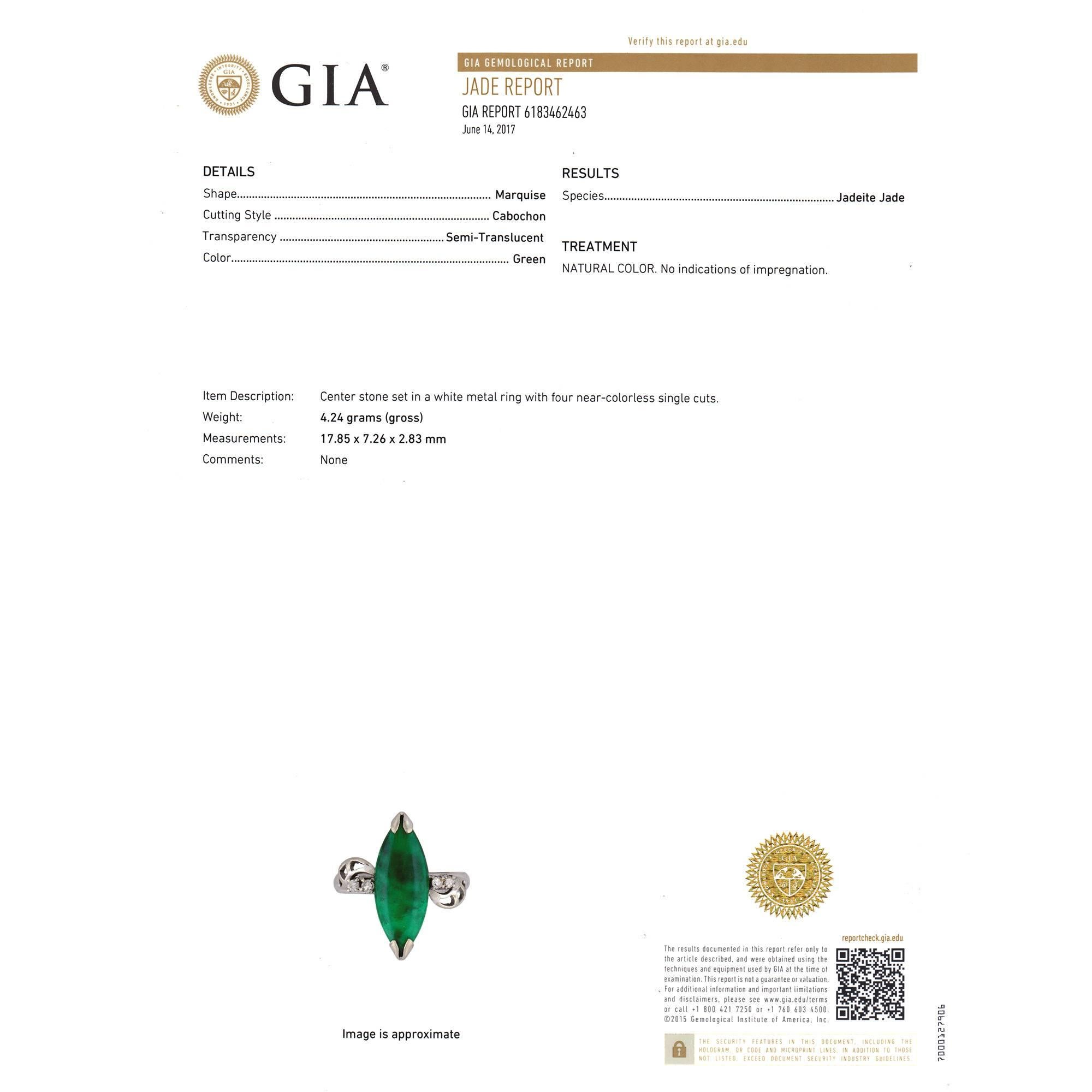 GIA Certified Marquise Natural Jadeite Jade Diamond Gold Cocktail Ring For Sale 5