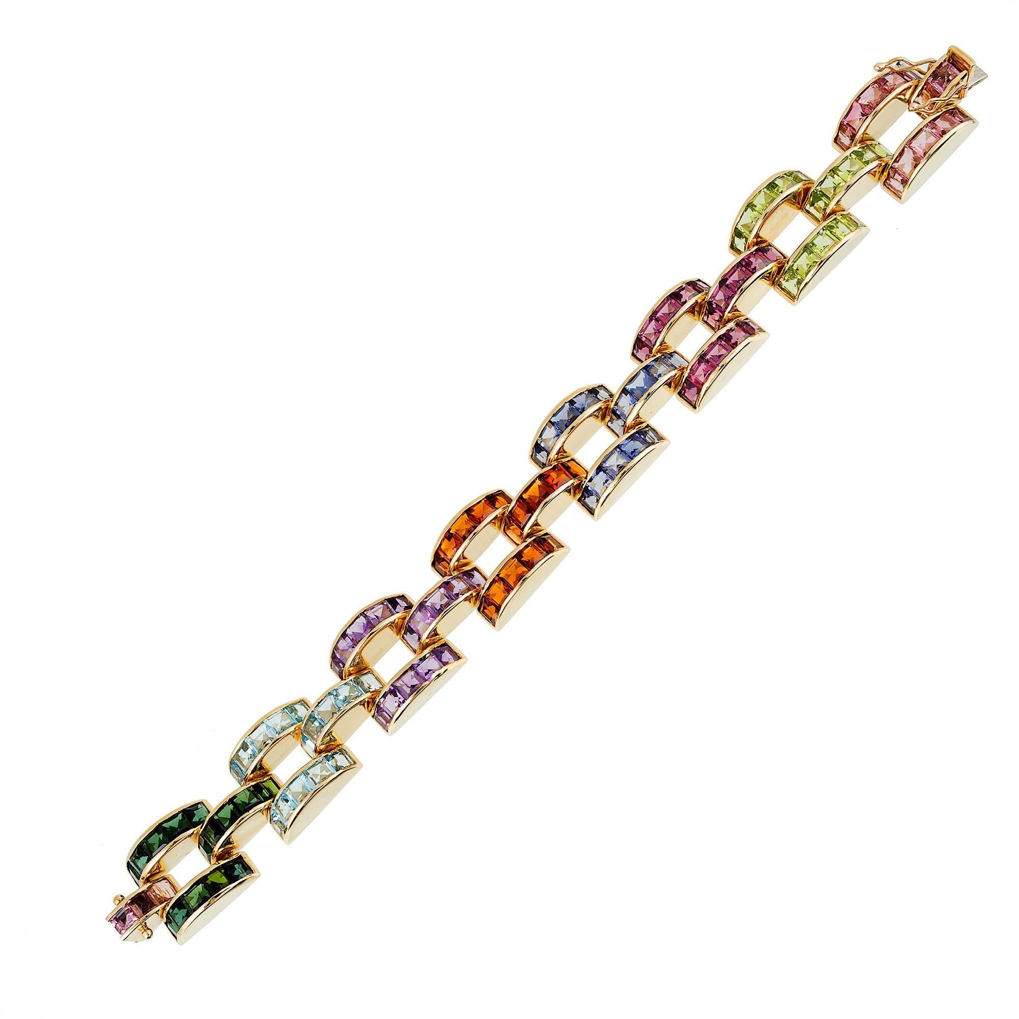Tourmaline Topaz Amethyst Peridot Citrine Lolite Gold Link Bracelet In Good Condition For Sale In Stamford, CT