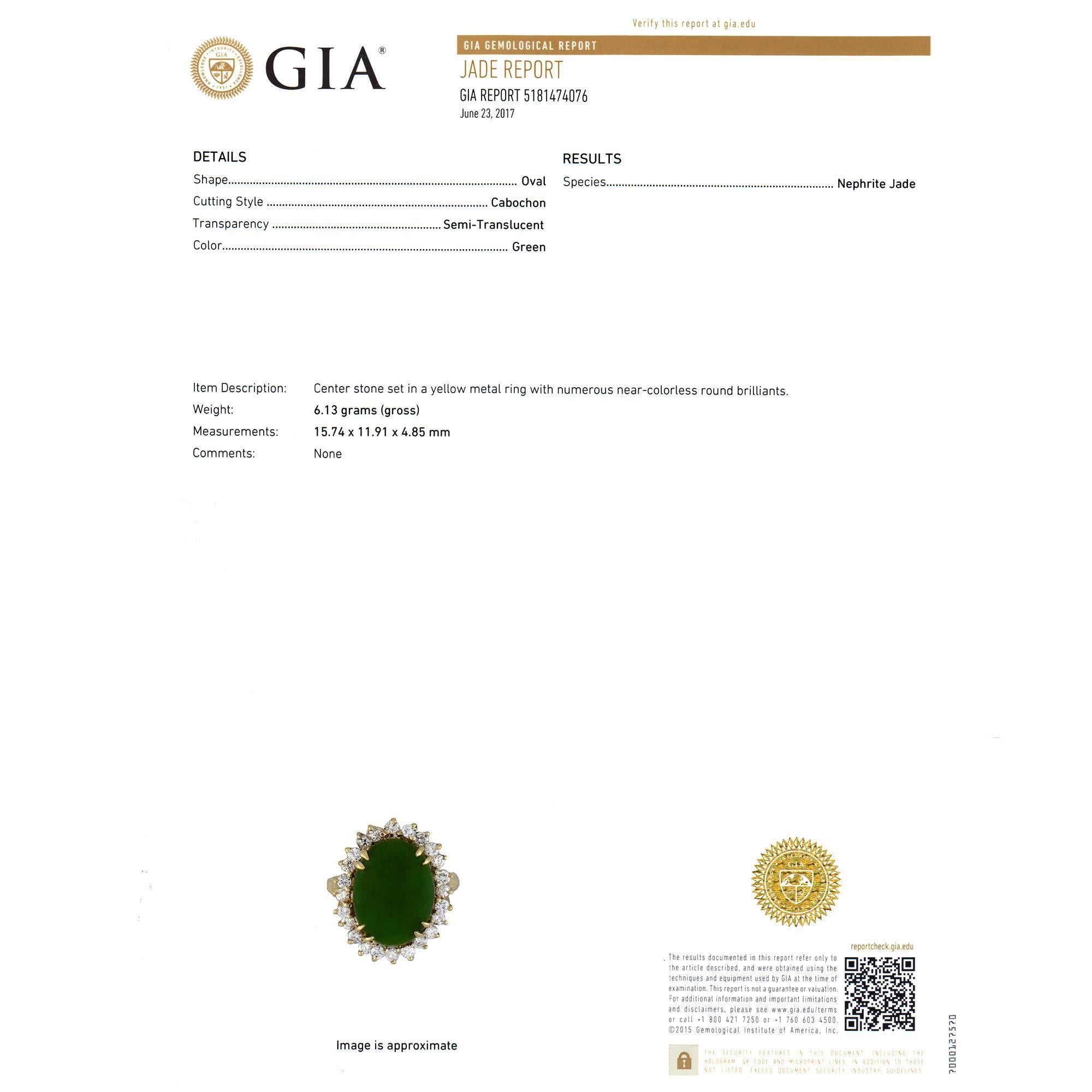 GIA Certified Nephrite Jade Diamond Halo Gold Cocktail Ring 4