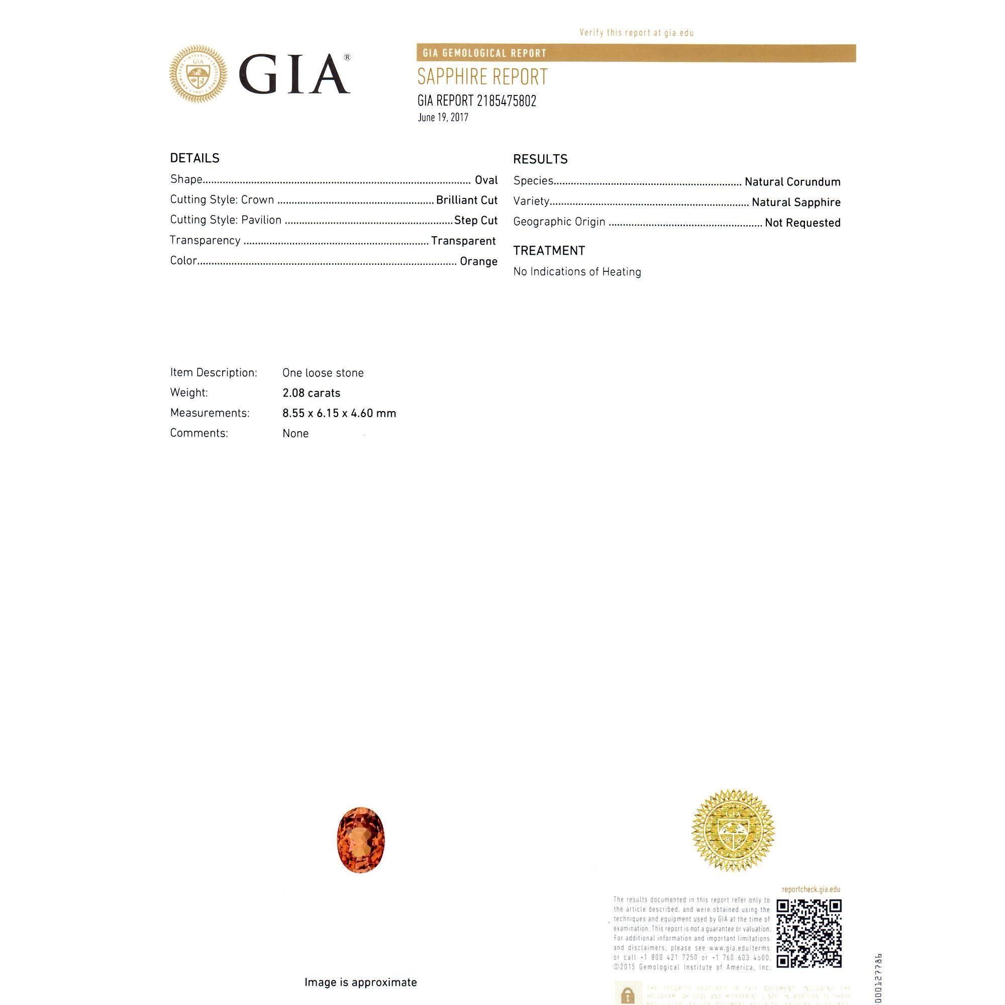GIA Certified 2.08 Carat Orange Sapphire Diamond Platinum Engagement Ring For Sale 1