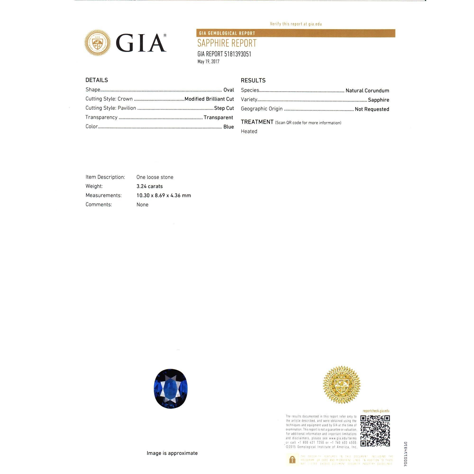 Peter Suchy Bague de fiançailles à trois pierres en diamants et saphir bleu de 3,24 carats certifié GIA  en vente 5