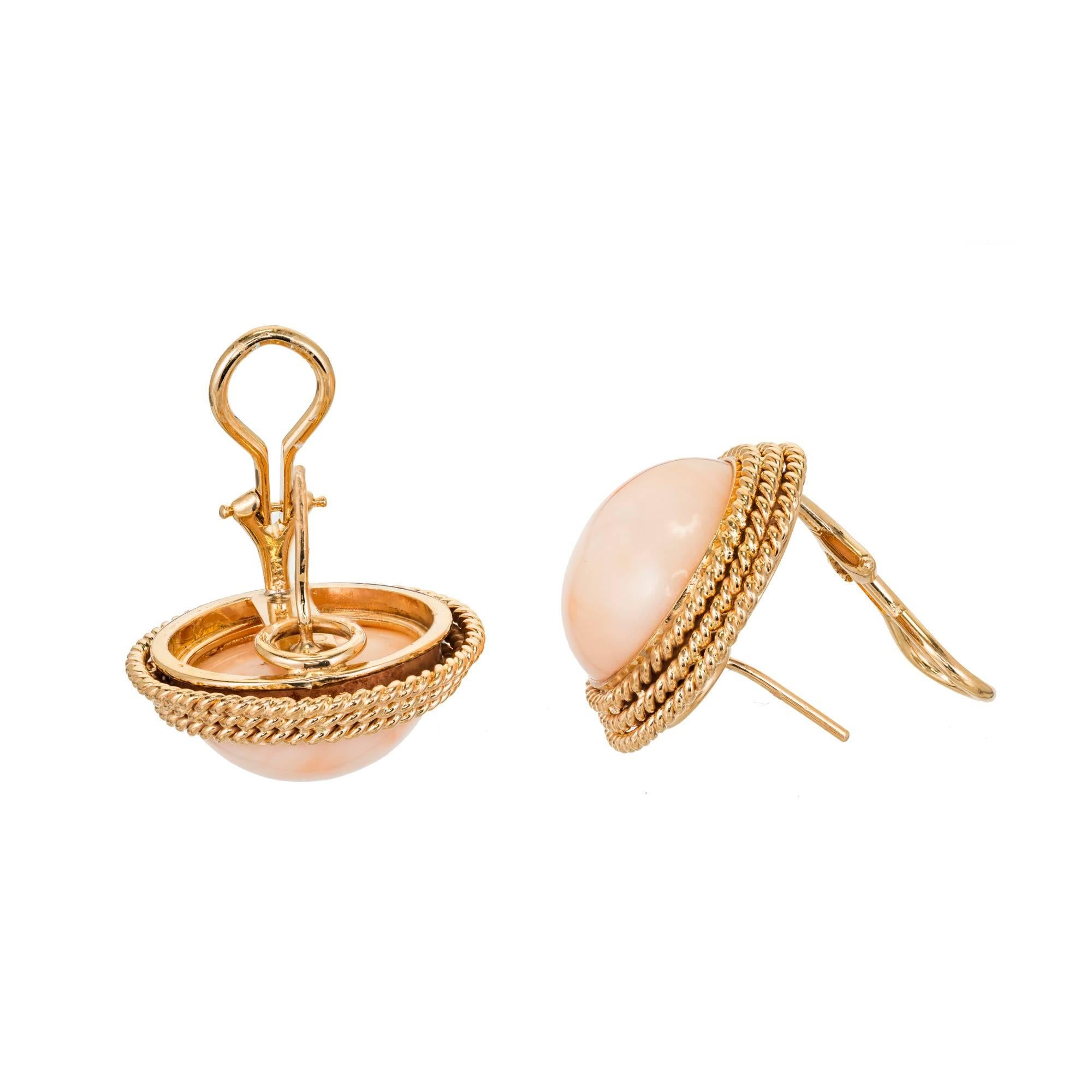 Midcentury Pink Dome Coral Gold Clip Post Earrings For Sale 1