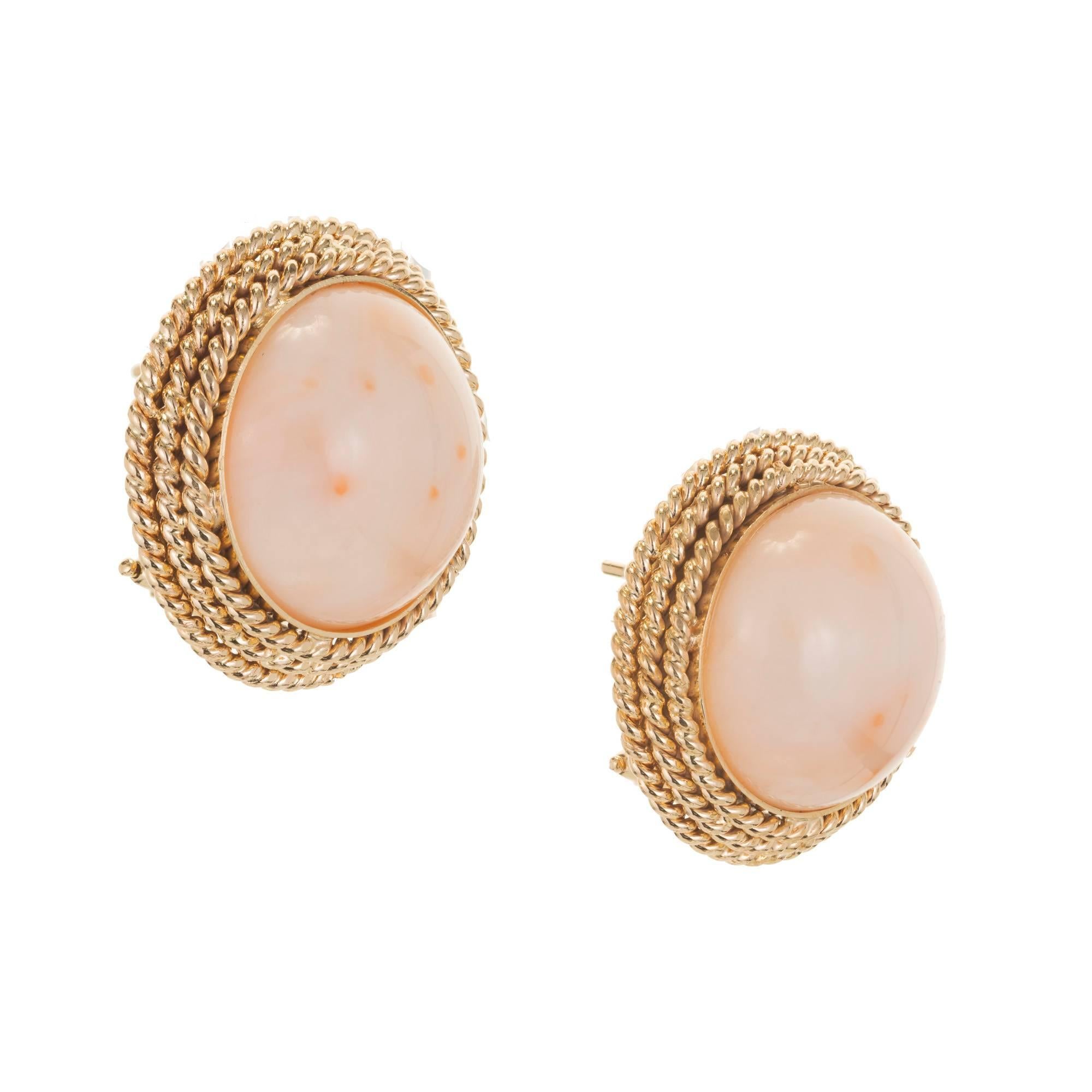 Round Cut Midcentury Pink Dome Coral Gold Clip Post Earrings For Sale