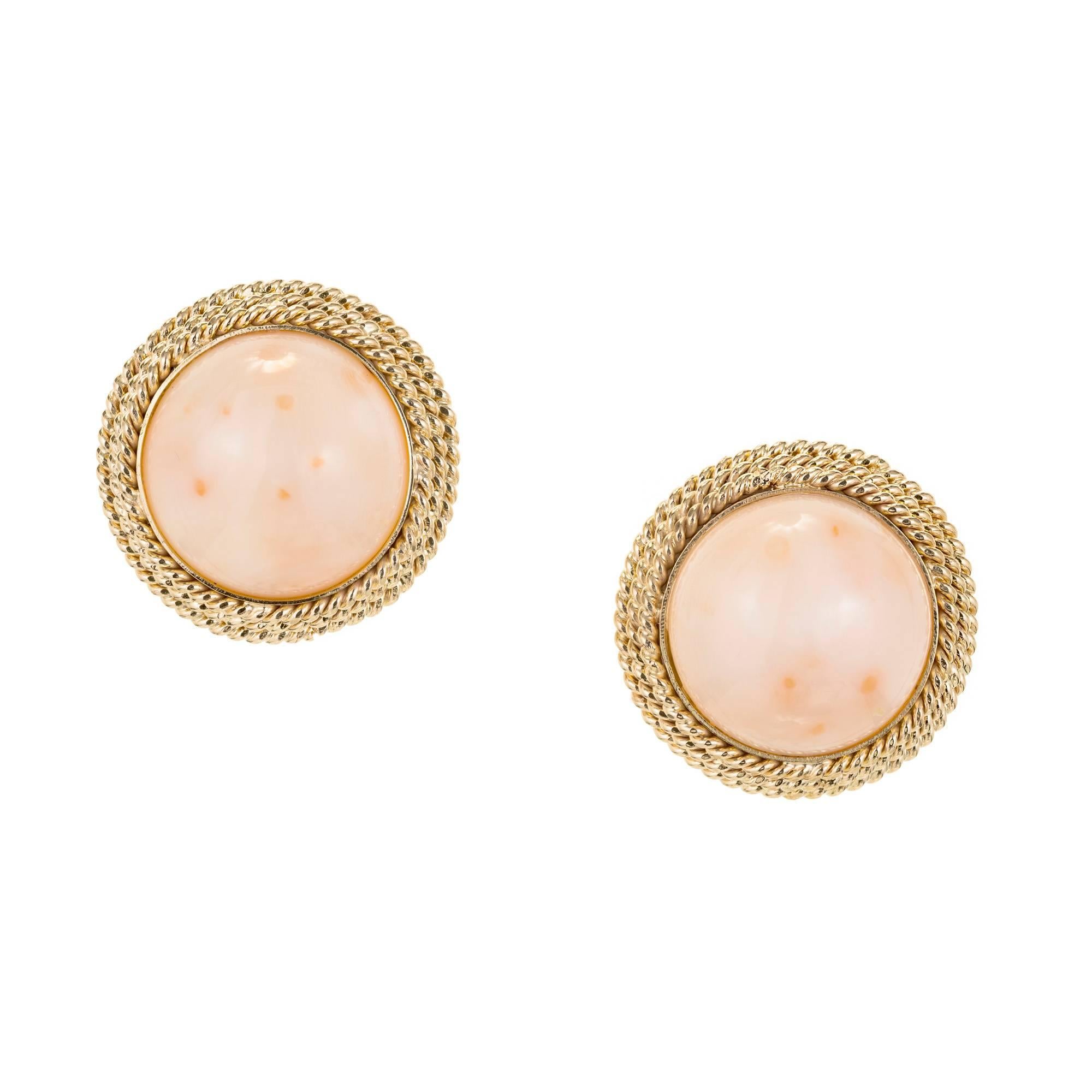 Midcentury Pink Dome Coral Gold Clip Post Earrings For Sale