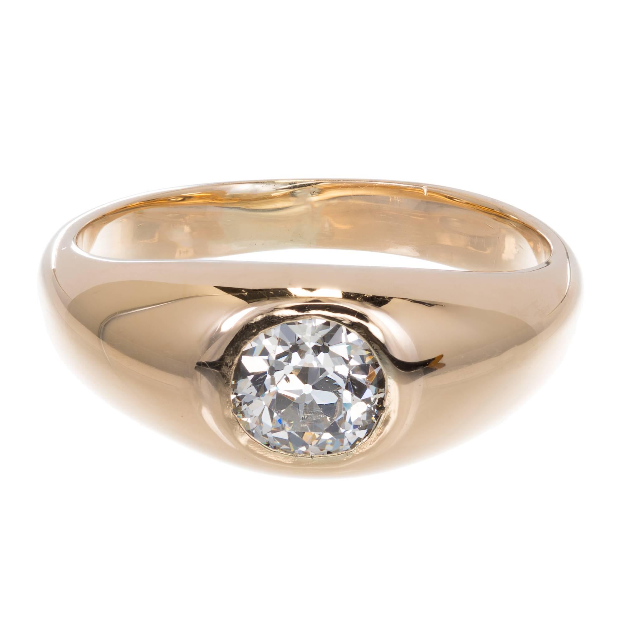 Classic 1900 Victorian simple Gypsy style ring in 14k yellow gold with and extra bright sparkly old European cut Diamond. 

1 old European cut Diamond, approx. total weight .60cts, G – H, SI2, EGL certificate # US314107401D
14k yellow gold
5.5