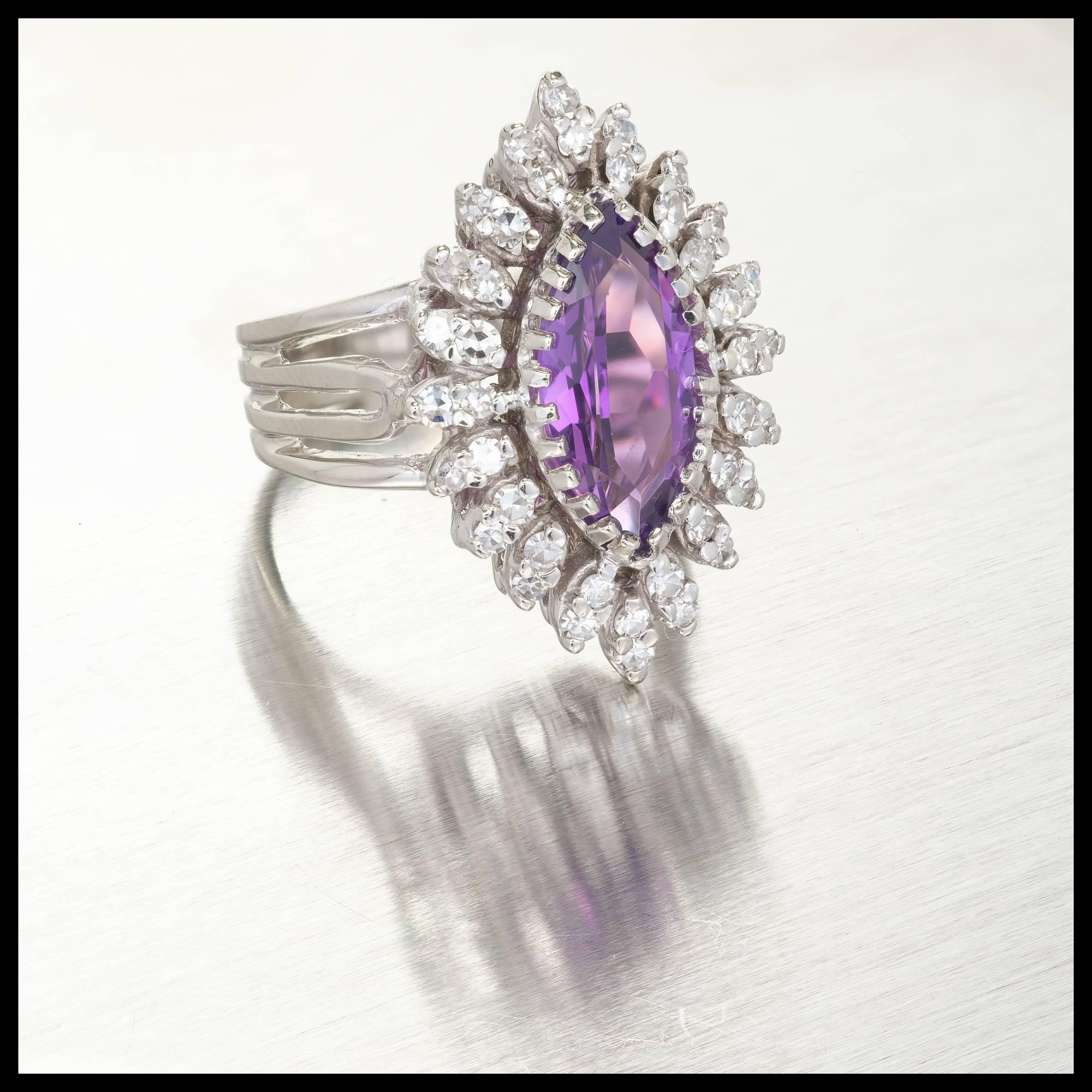 Marquise Cut Marquise Amethyst Diamond Halo Gold Cocktail Ring For Sale