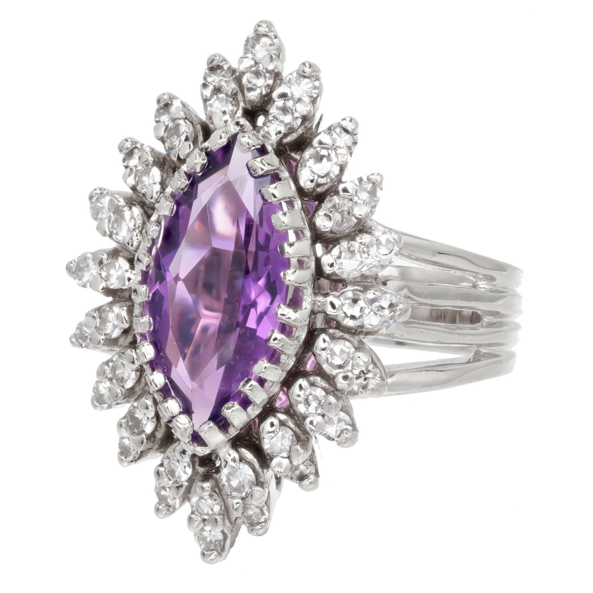 Mid-Century 1950s Marquis amethyst diamond halo cocktail ring with bright white single cut Diamonds in 2 rows surrounding a bright purple Marquise Amethyst center in a 14k white gold setting. 

1 Marquise purple Amethyst, approx. total weight