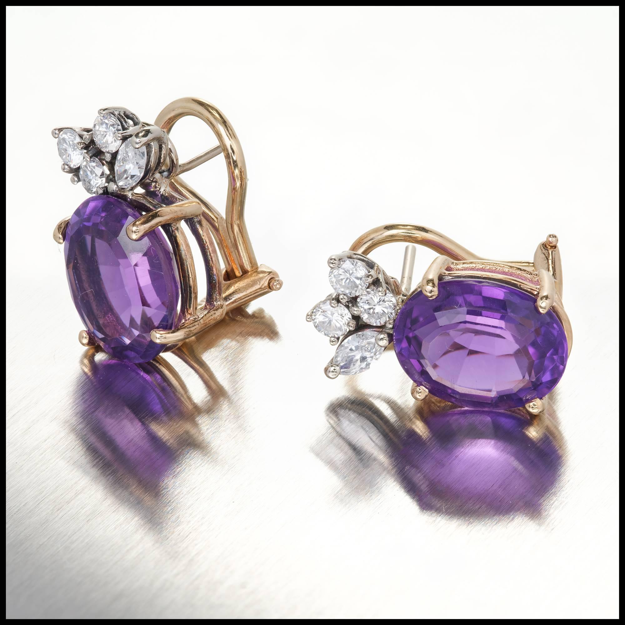 Vintage 1960 clip post oval Amethyst 14k yellow gold earrings with bright white Diamond accents in white gold.

2 oval purple Amethyst, approx. total weight 5.0cts, VS, 10.66 x 8.6 x 5.89mm
6 round full cut Diamonds, approx. total weight .36cts, G,