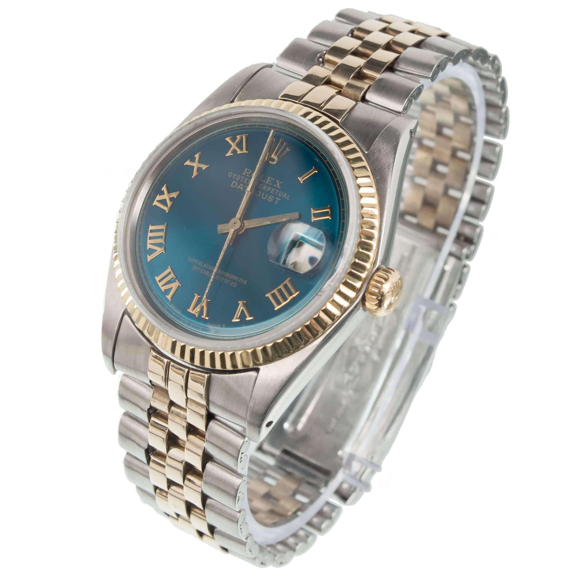 Rolex Yellow Gold Stainless Steel Datejust Blue Refinished Dial Wristwatch In Good Condition In Stamford, CT