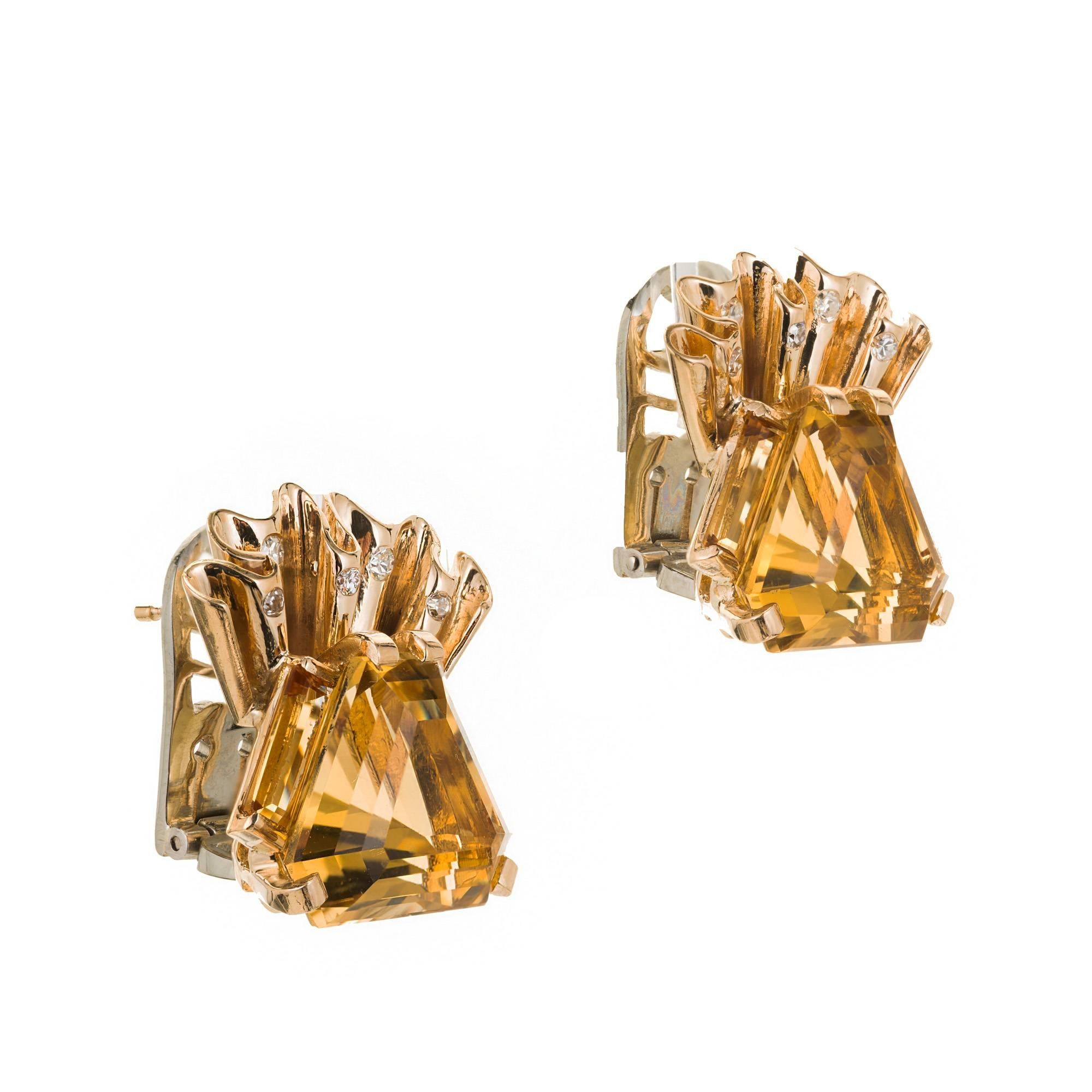 1940s Hexagon Citrine Diamond Gold Clip Post Earrings 1
