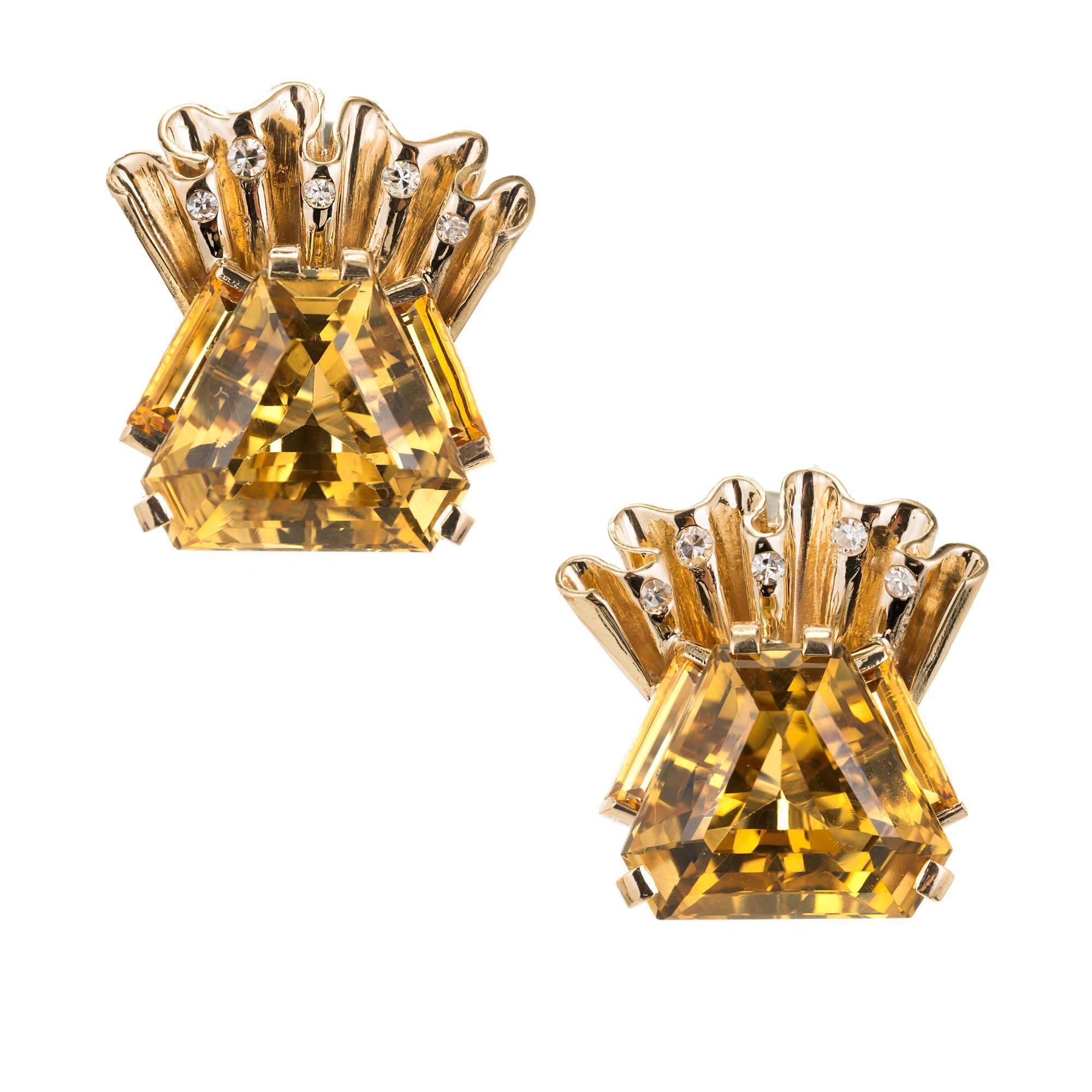 1940s Hexagon Citrine Diamond Gold Clip Post Earrings