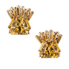 Antique 1940s Hexagon Citrine Diamond Gold Clip Post Earrings