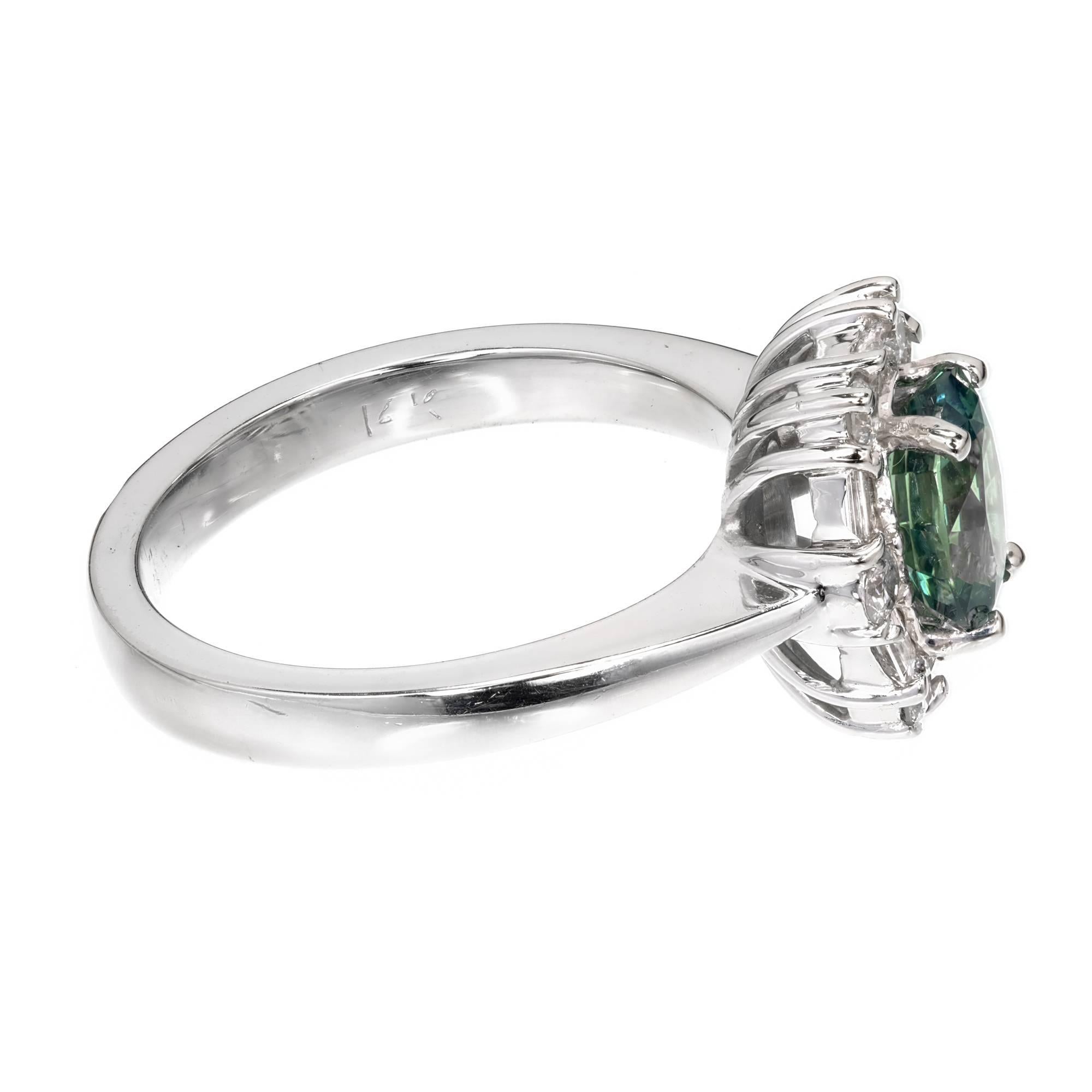 Women's GIA Certified 1.54 Carat Natural Blue Green Sapphire Diamond Engagement Ring For Sale