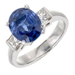 GIA Certified 3.04 Carat Oval Sapphire Diamond Three-Stone Gold Engagement Ring