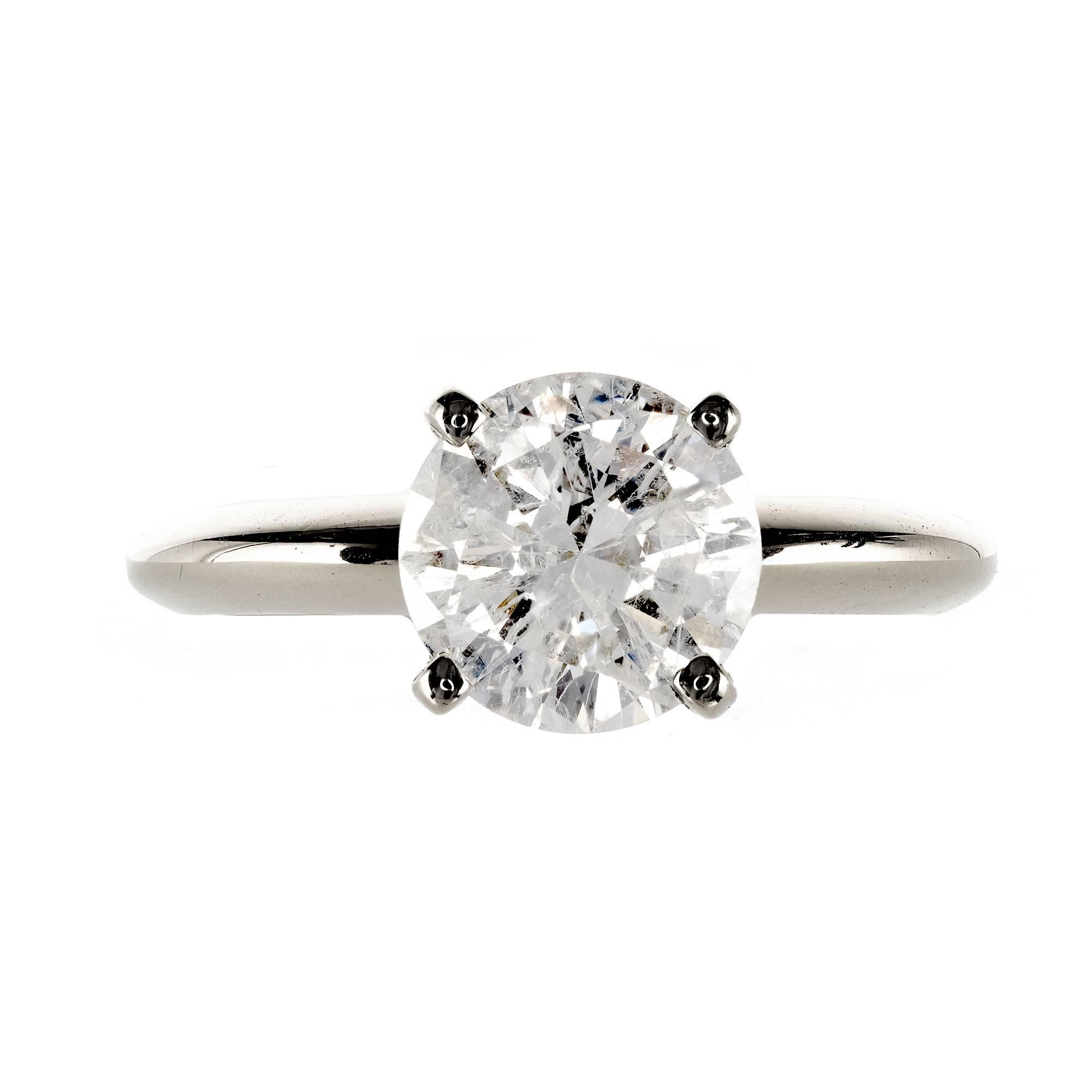 Transitional Ideal cut diamond solitaire engagement ring in a 14k white gold four prong setting.  EGL certified G color, I1 clarity. 

1 round diamond, approx. total weight 1.77cts, G, I1, EGL certificate # US57041701D 
Size 6.25 and sizable 
14k