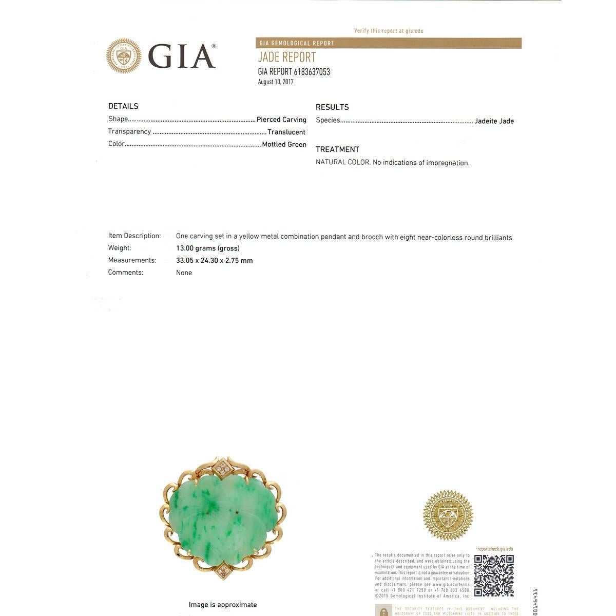 GIA Certified Jadeite Jade Carved Mottled Green Diamond Gold Pendant Brooch 4