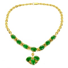 GIA Certified Natural Bright Green Jadeite Jade Gold Necklace