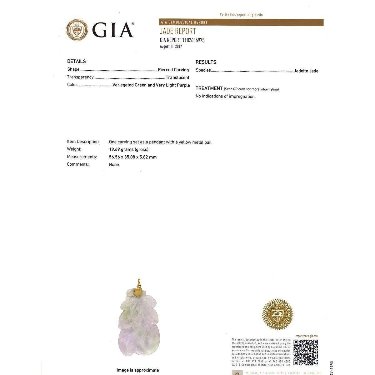 GIA Certified Jadeite Jade Carved Green Light Purple Gold Pendant In Good Condition For Sale In Stamford, CT