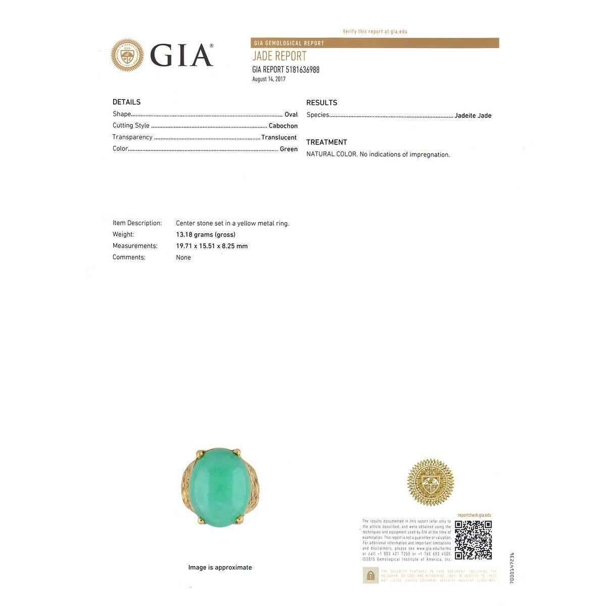 GIA Certified Jadeite Jade Natural Green Gold Cocktail Ring For Sale 3