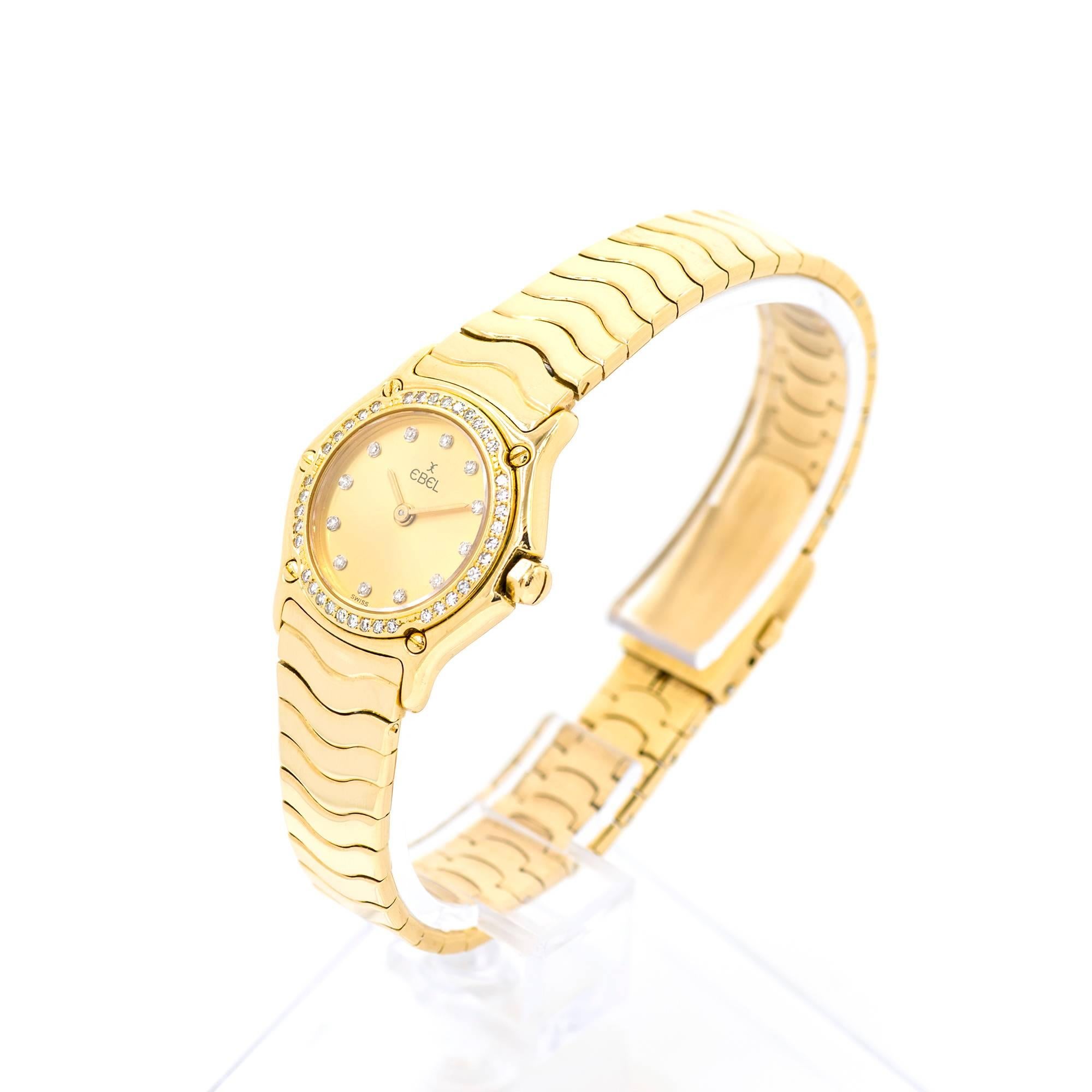 Round Cut Ebel Ladies Yellow Gold Diamond Wave Quartz Wristwatch