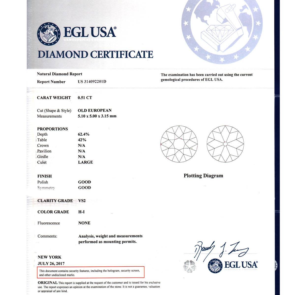 Anello da cocktail in platino con diamante antico europeo certificato EGL da 0,51 carati In condizioni buone in vendita a Stamford, CT