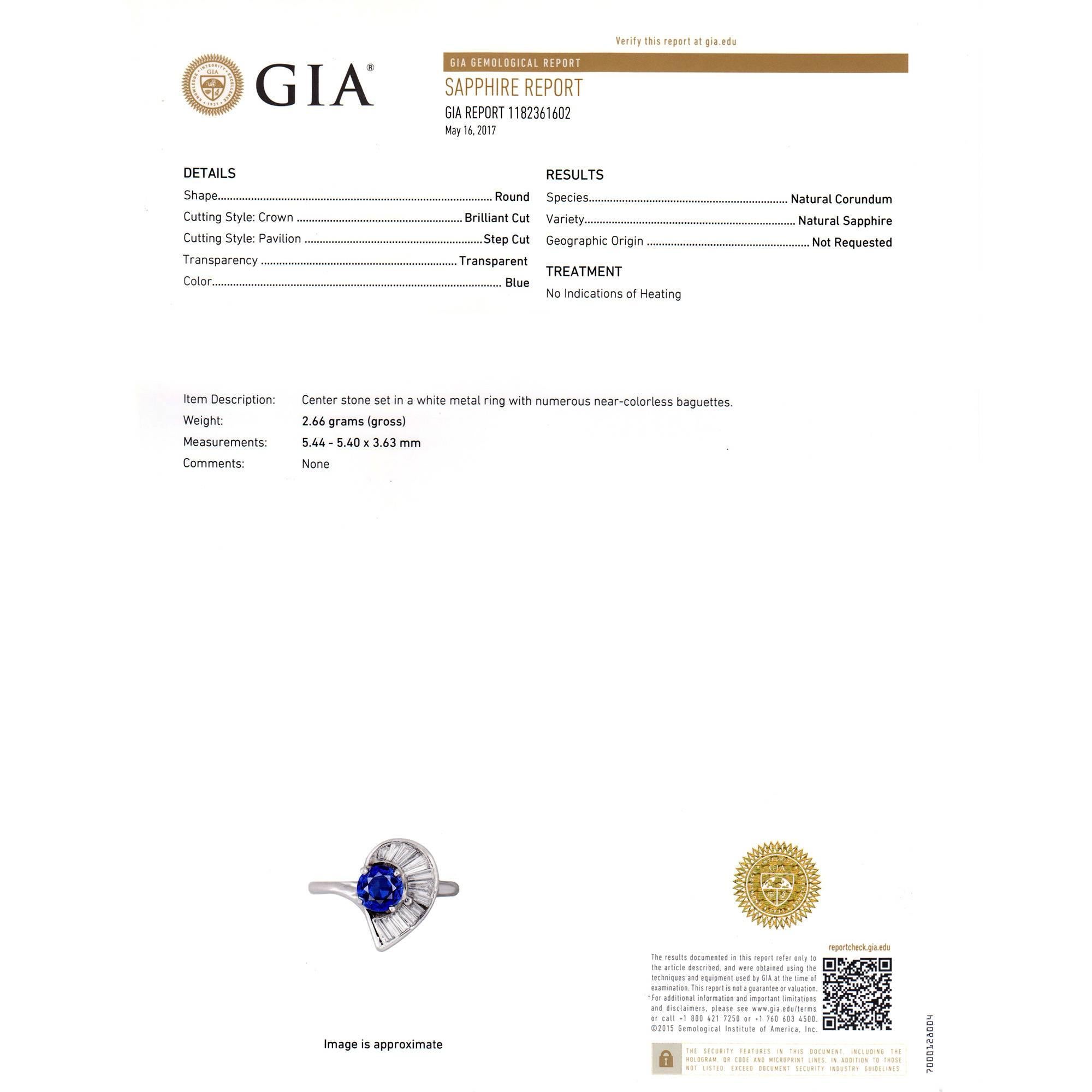 GIA Certified .98 Carat Sapphire Swirl Baguette Diamond Gold Cocktail Ring For Sale 4