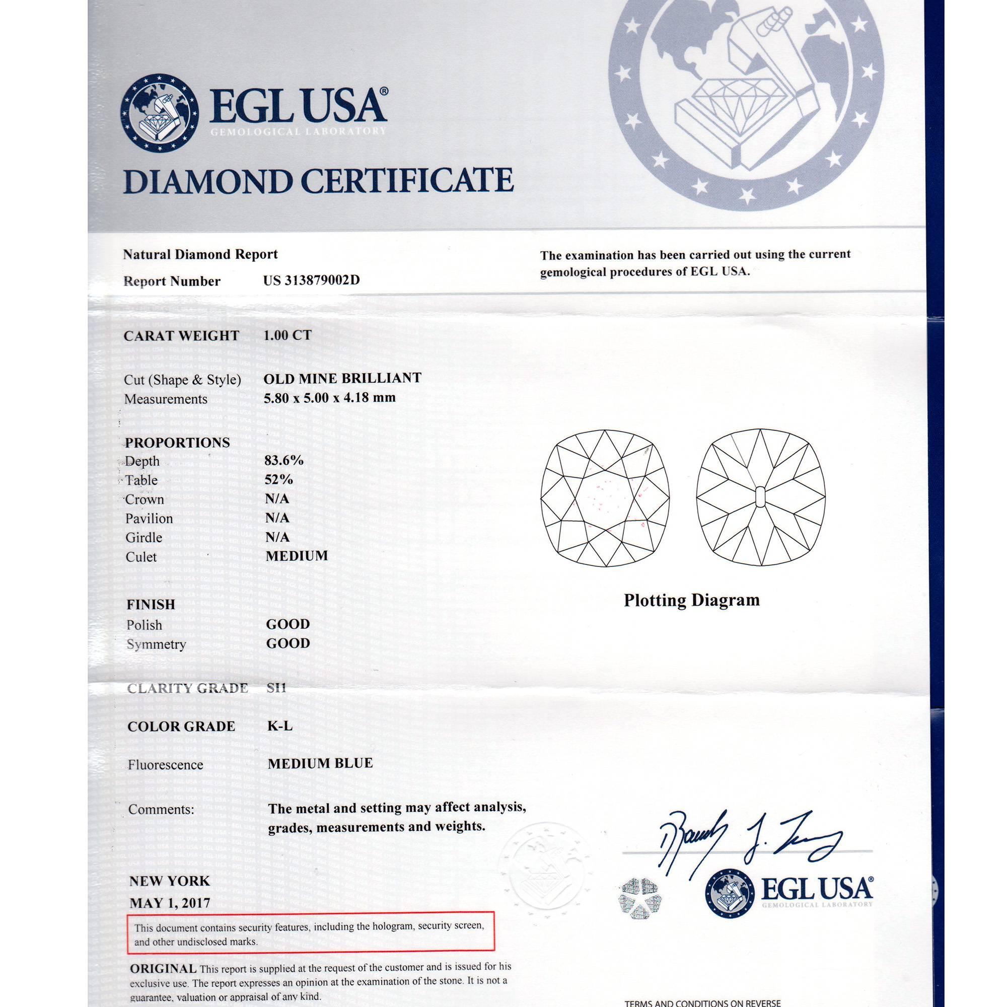 Egl Certified 1890s Antique 1.00 Carat Diamond Platinum Engagement Ring For Sale 2
