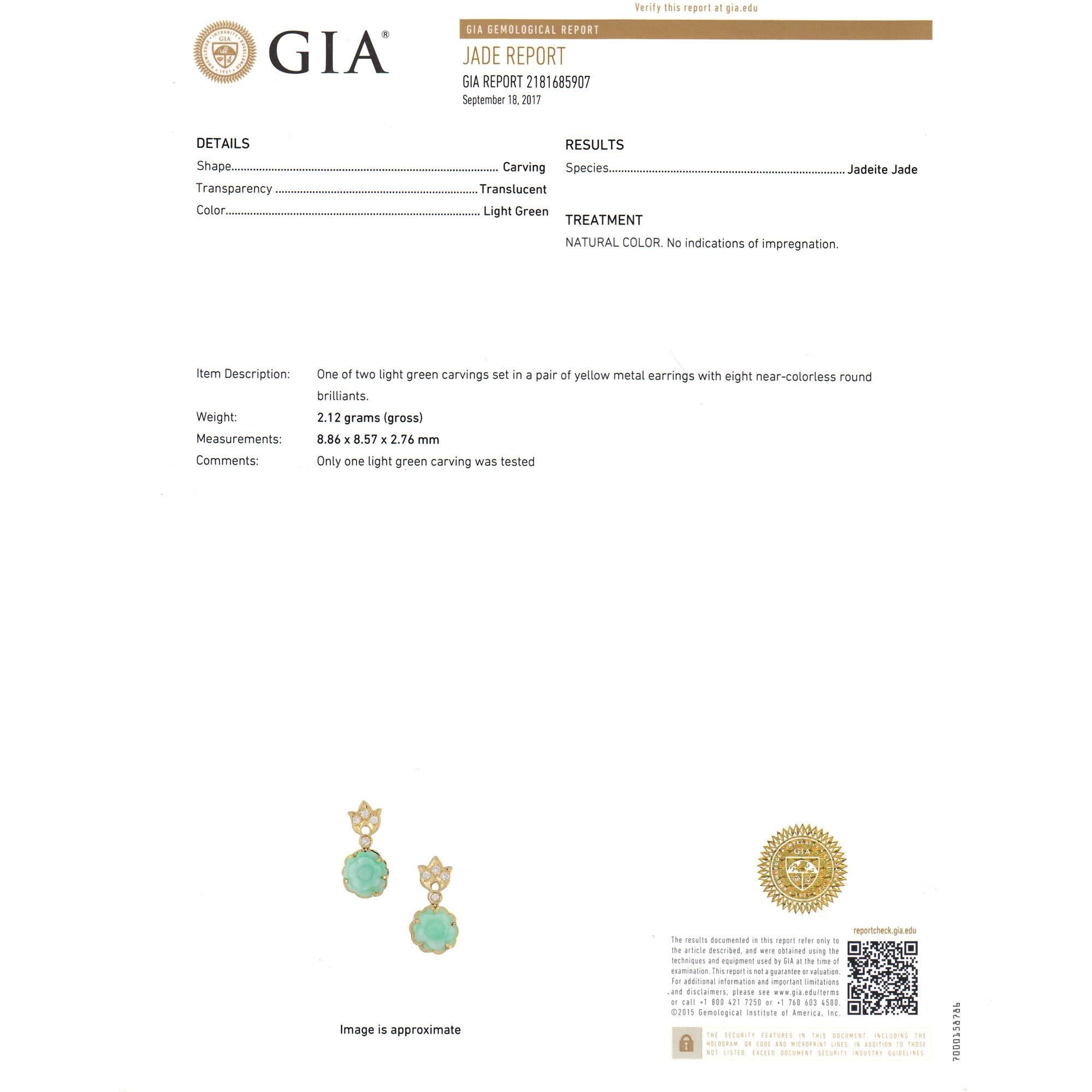 GIA Certified Natural Carved Jadeite Jade Diamond Flower Dangle Earrings 4