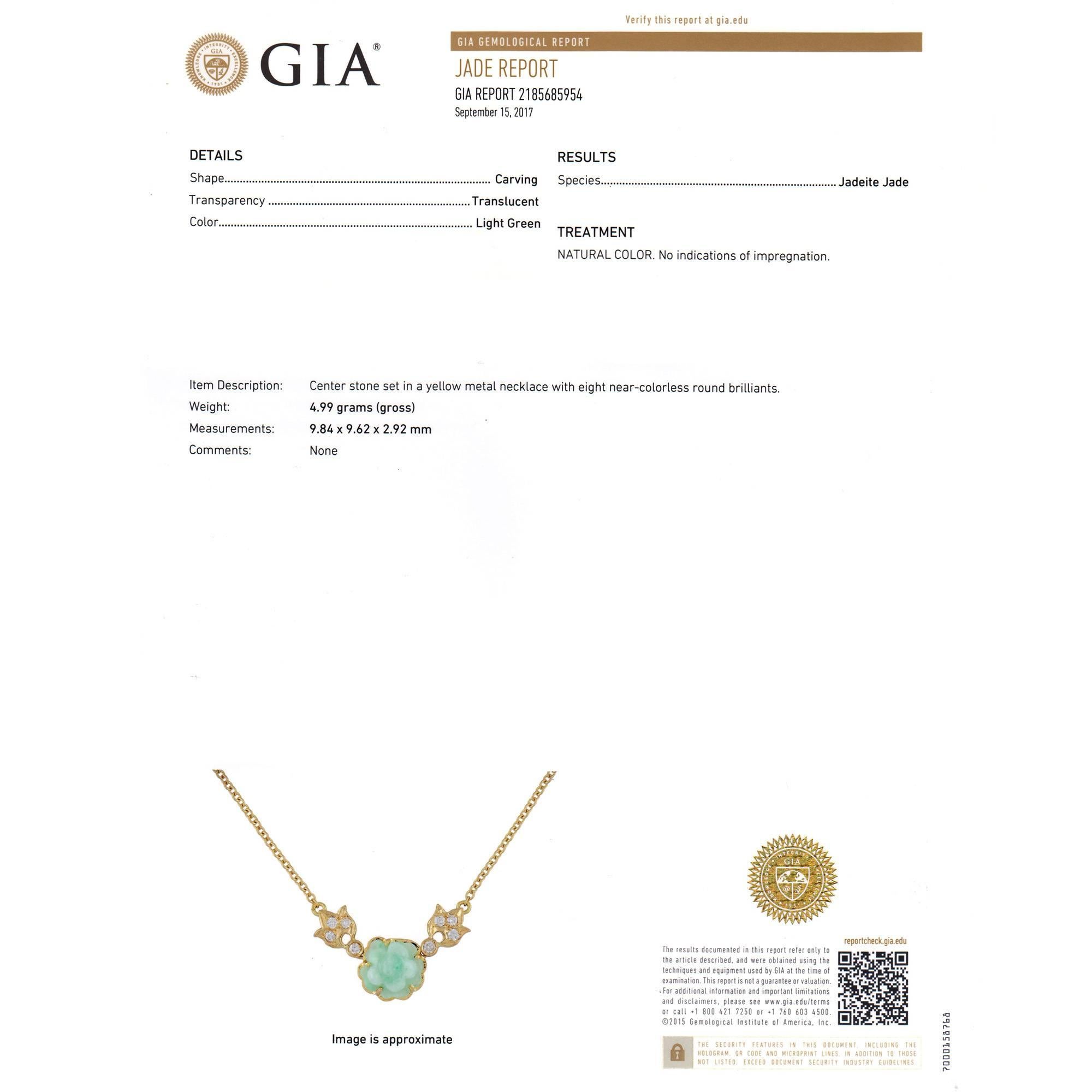 GIA Certified Natural Carved Jadeite Jade Diamond Flower Pendant Necklace 2