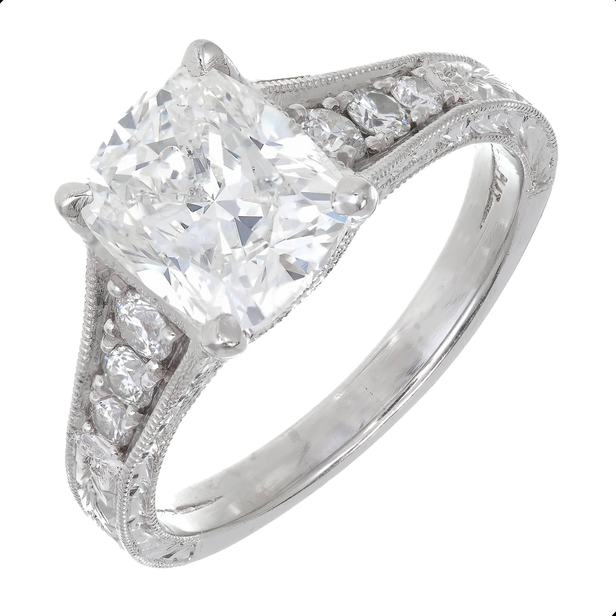 Peter Suchy cushion cut diamond platinum engagement ring. Handmade Platinum ring from the Peter Suchy workshop designed and made just for this stone. End to end and top to bottom sparkle. 

1 GIA certified cushion cut diamond, approx. total weight