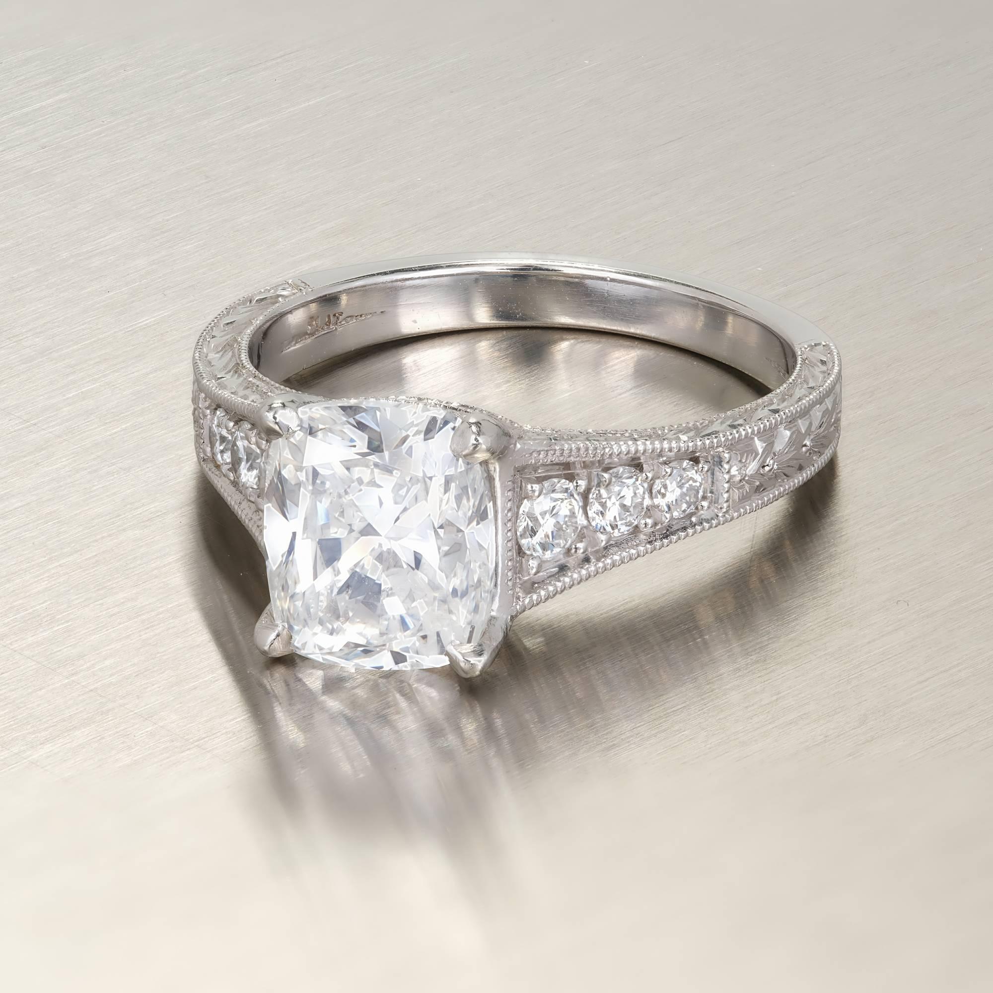 Cushion Cut Peter Suchy GIA Certified 2.02 Carat Diamond Engraved Platinum Engagement Ring