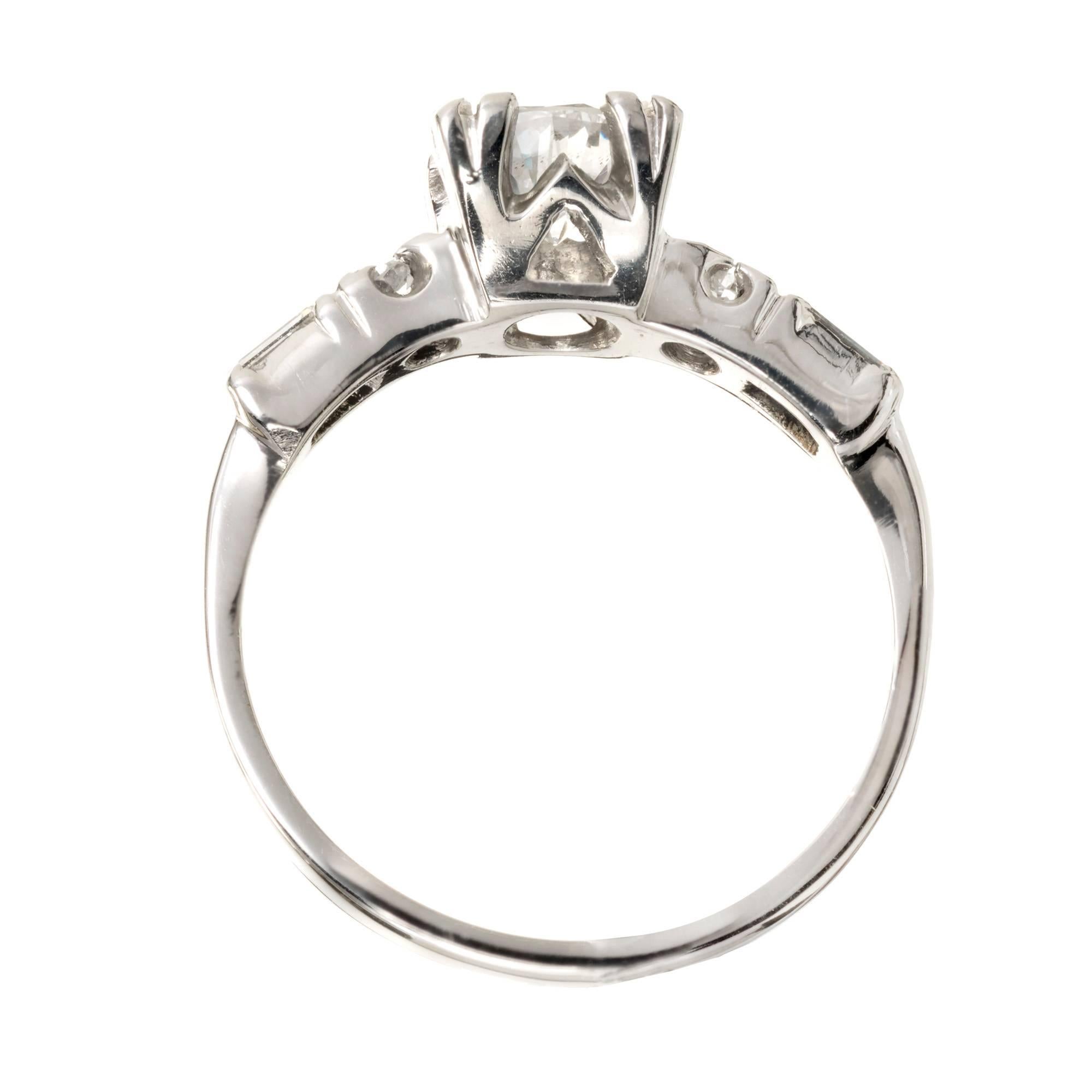 Baguette Cut Art Deco .75 Carat Transitional Cut Diamond Platinum Engagement Ring For Sale