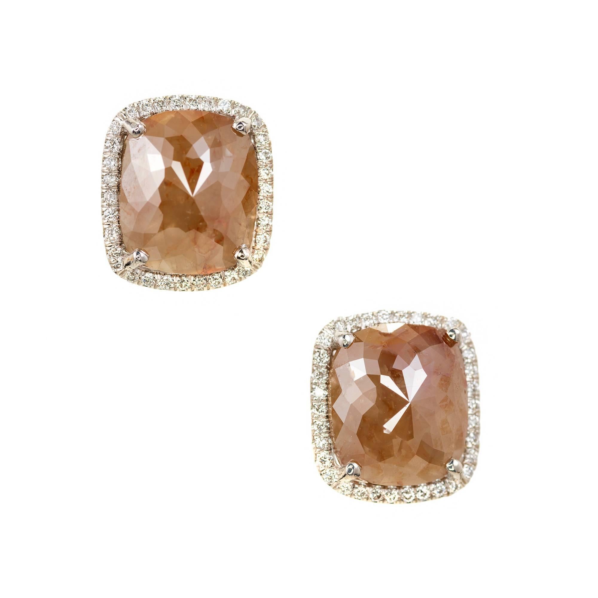 Peter Suchy 4.17 Carat Brown Cushion Diamond Halo Gold Stud Earrings For Sale