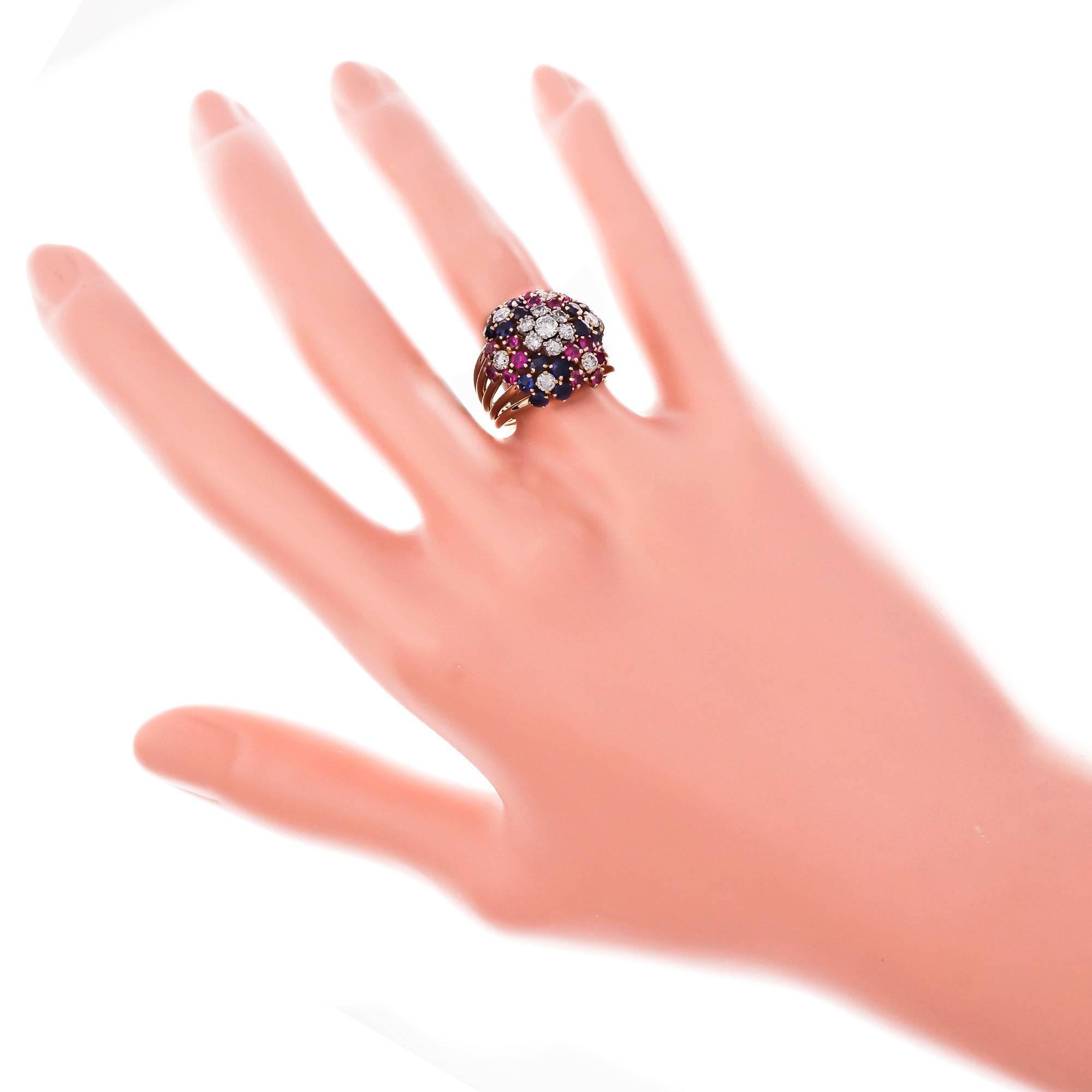 Diamond Ruby Sapphire Flower Rose Gold Cocktail Ring 1