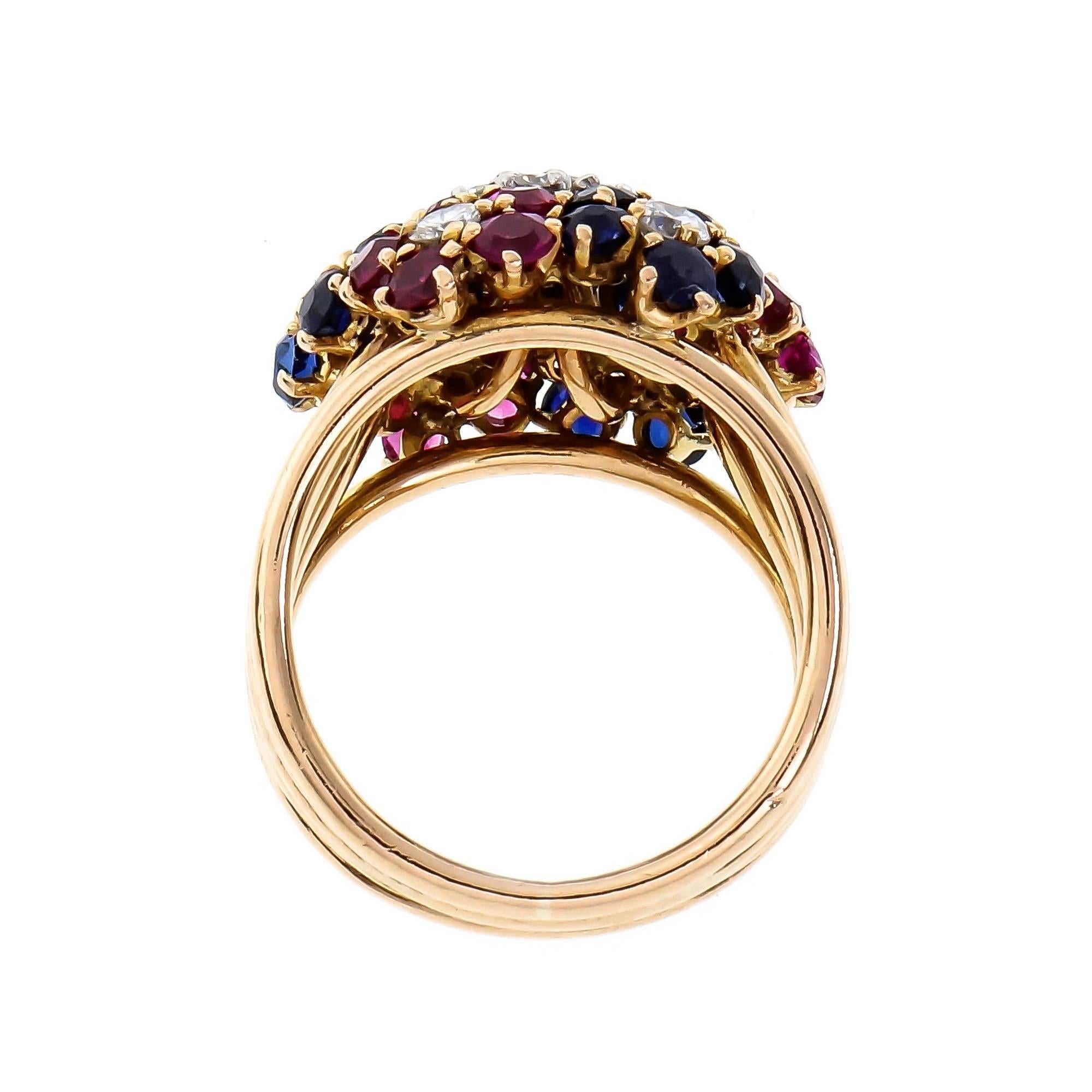 Women's Diamond Ruby Sapphire Flower Rose Gold Cocktail Ring