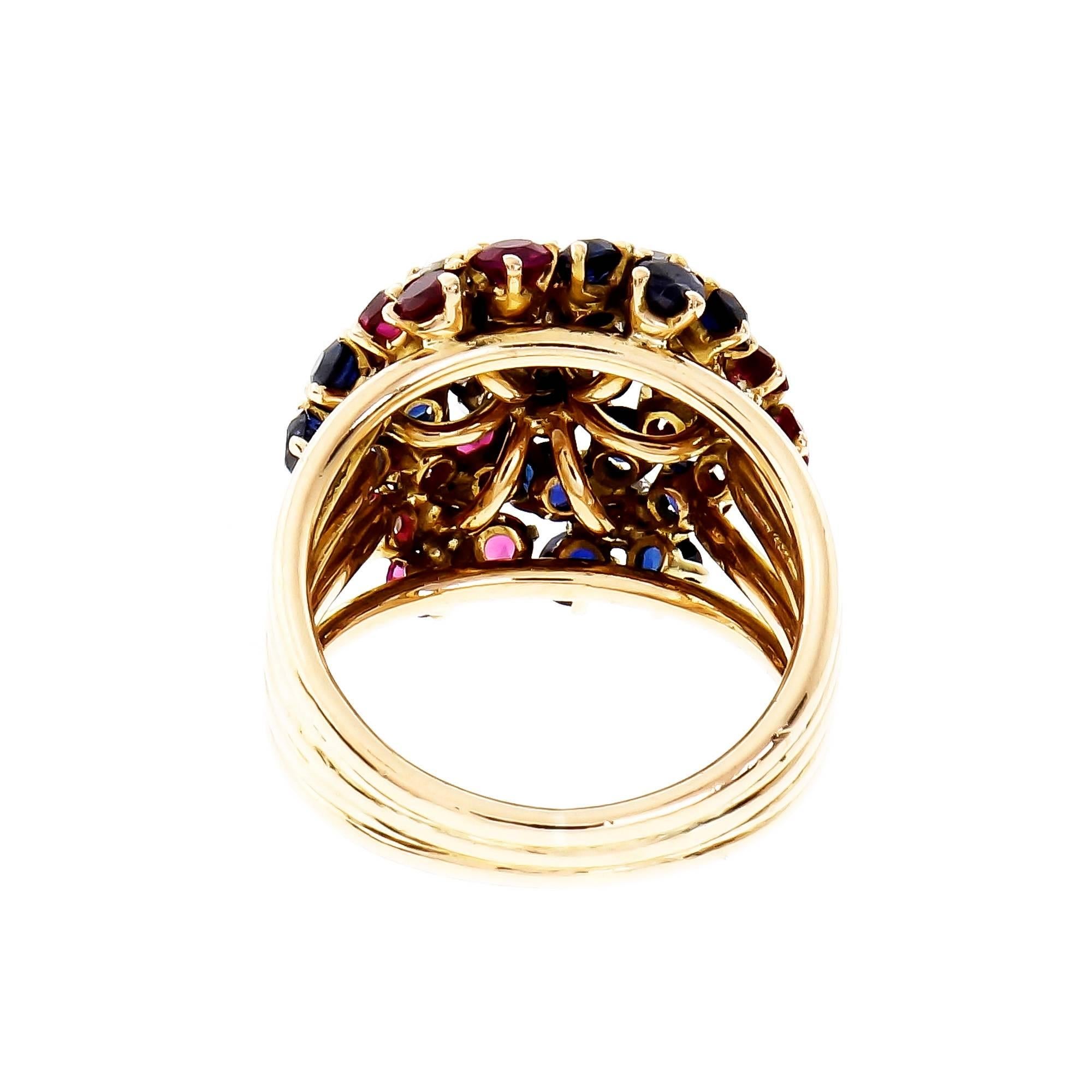 Diamond Ruby Sapphire Flower Rose Gold Cocktail Ring In Good Condition In Stamford, CT