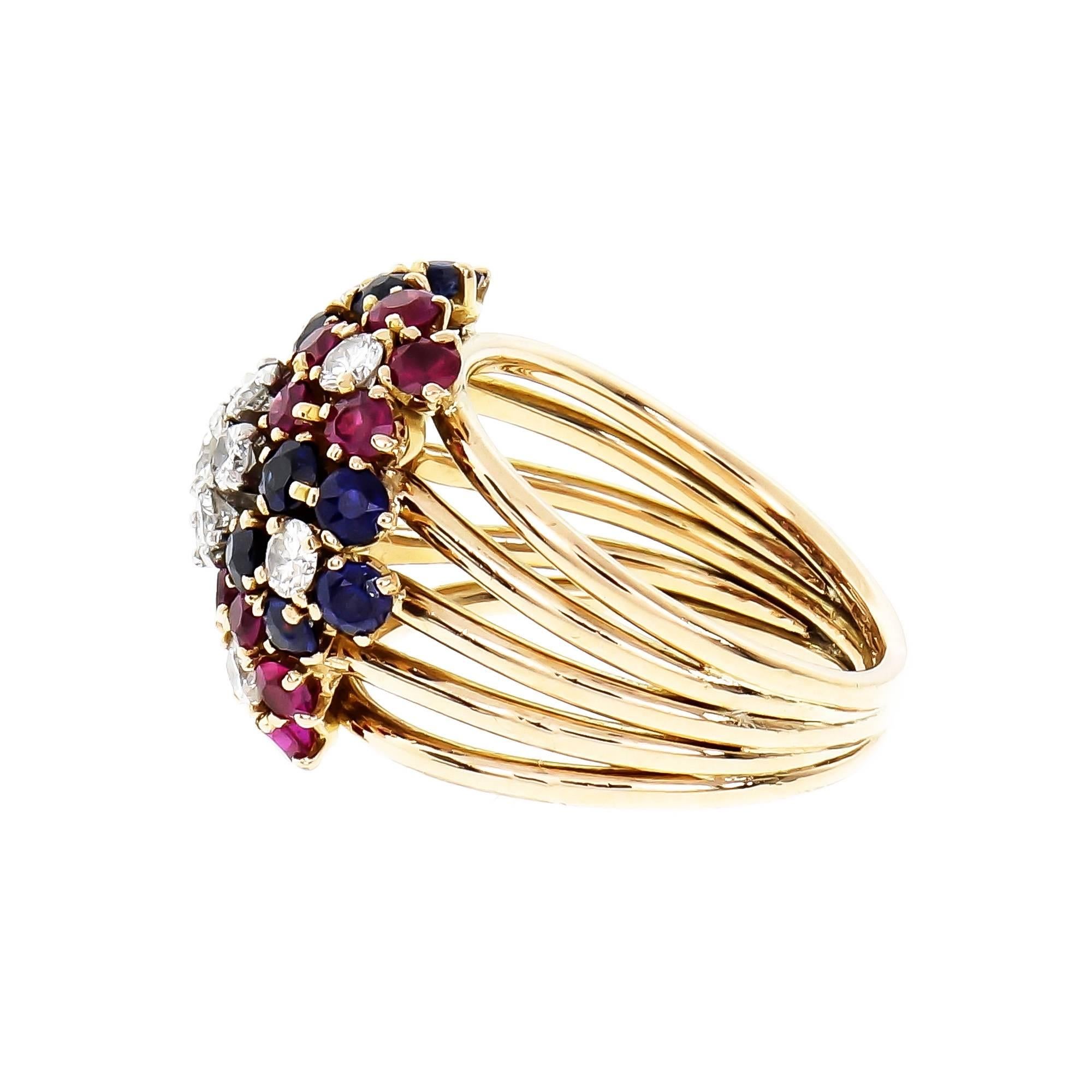 Round Cut Diamond Ruby Sapphire Flower Rose Gold Cocktail Ring
