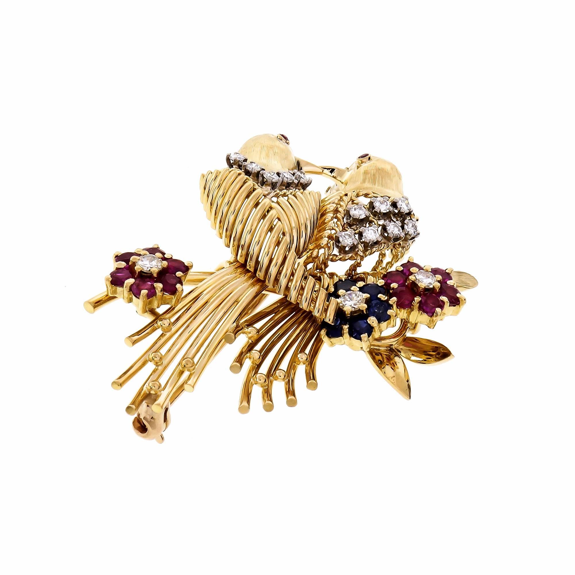 Diamond Ruby Sapphire Gold Love Birds Brooch In Good Condition In Stamford, CT