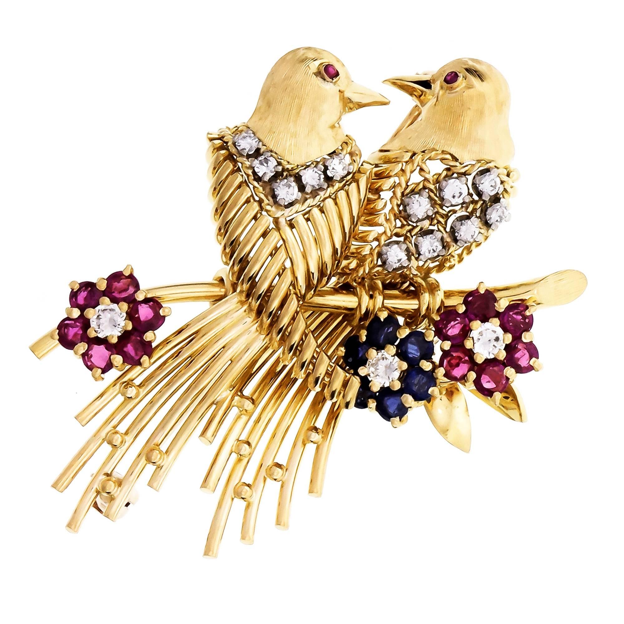 Diamond Ruby Sapphire Gold Love Birds Brooch