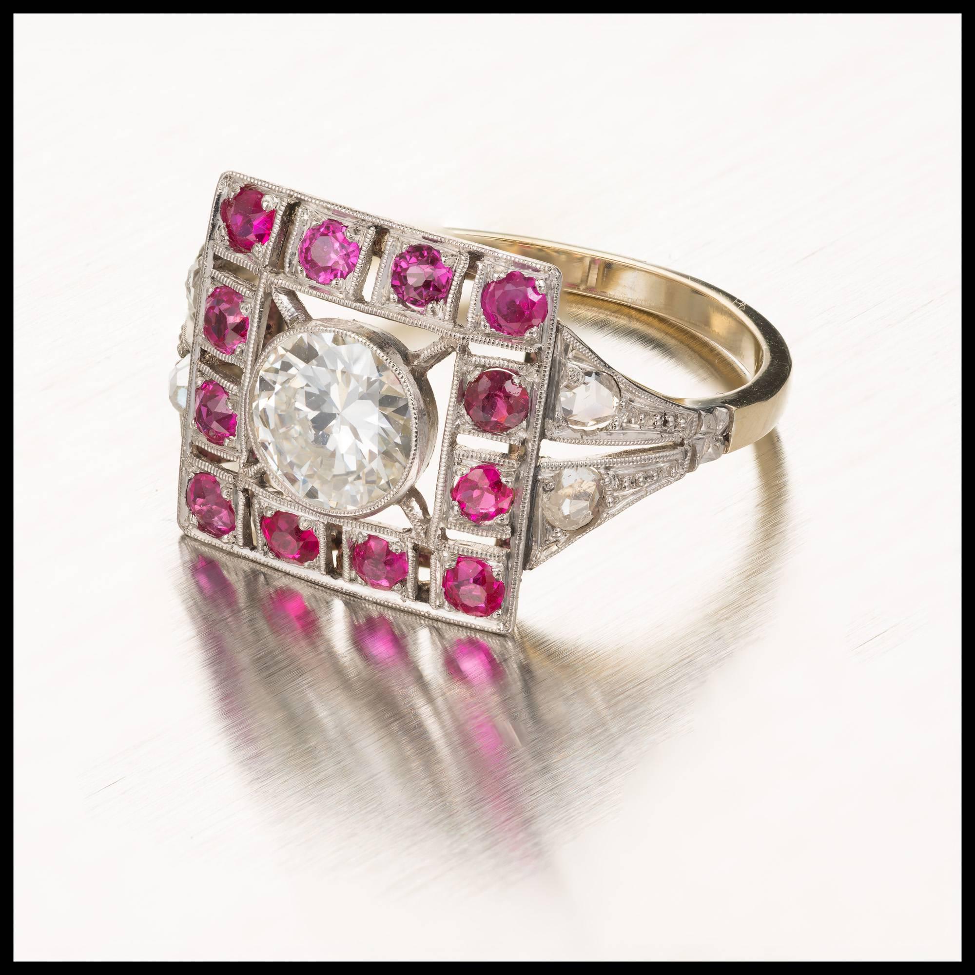 Round Cut Art Deco Diamond Ruby Gold Platinum Cocktail Ring