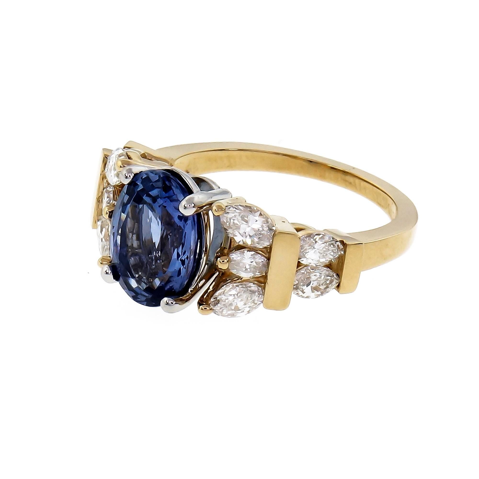 Peter Suchy Periwinkle blue oval 3.11ct Sapphire engagement ring in 14k yellow gold with a Platinum center for the bright medium blue natural Sapphire simple heat only.  AGL Certified 

1 oval periwinkle blue Sapphire, approx. total weight 3.11cts,