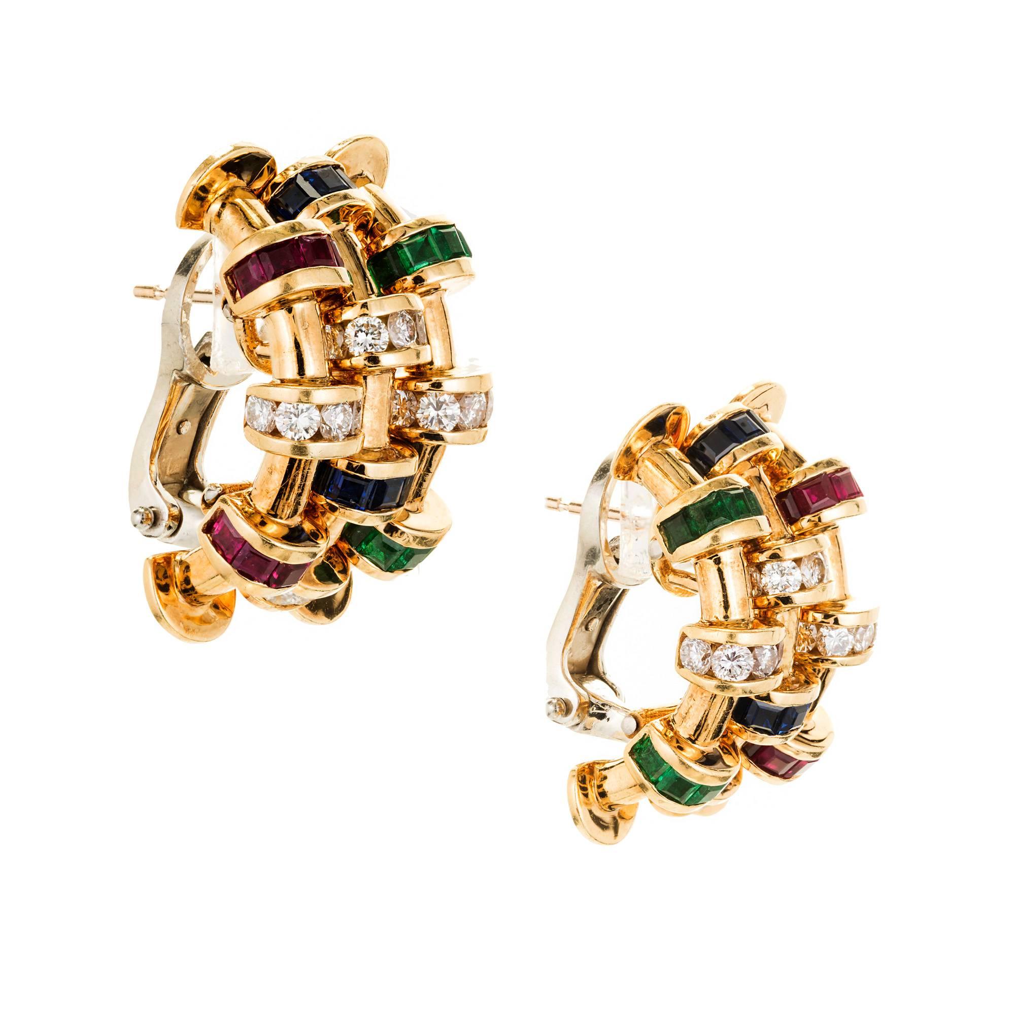 Charles Krypell Diamond Sapphire Ruby Emerald Gold Earrings 1